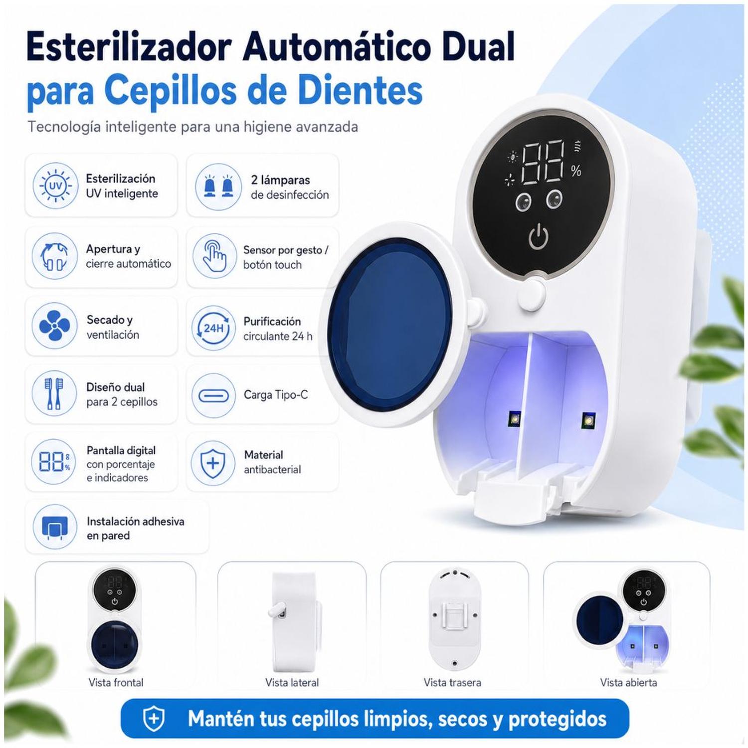 ESTERILIZADOR UV CEPILLOS DE DIENTES DENTAL INTELIGENTE PANTALLA DIGITAL SENSOR DE APERTURA - 4