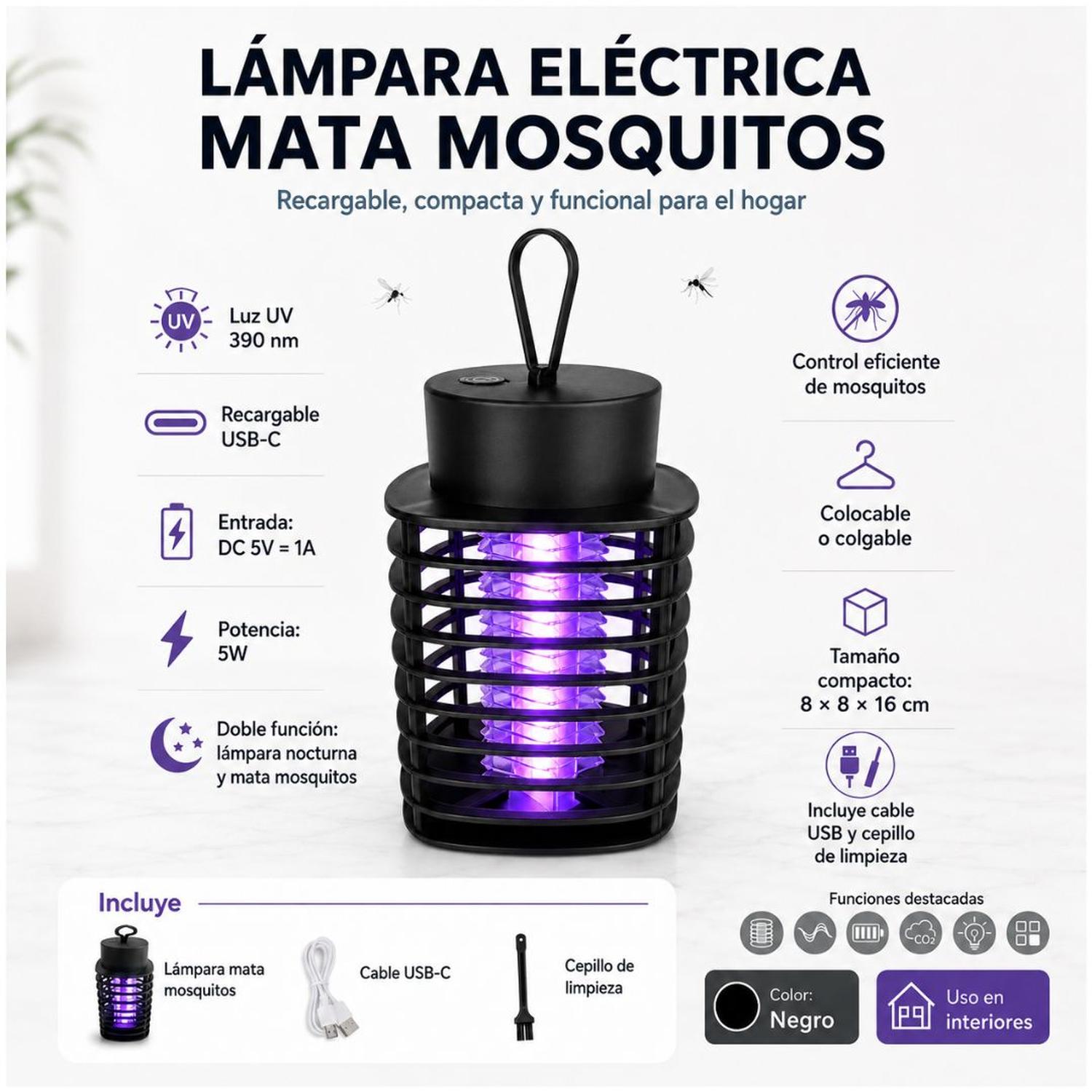 LÁMPARA MATA MOSQUITOS ELÉCTRICA LUZ UV INSECTOCUTOR ATRAPA ZANCUDOS 5W - 2