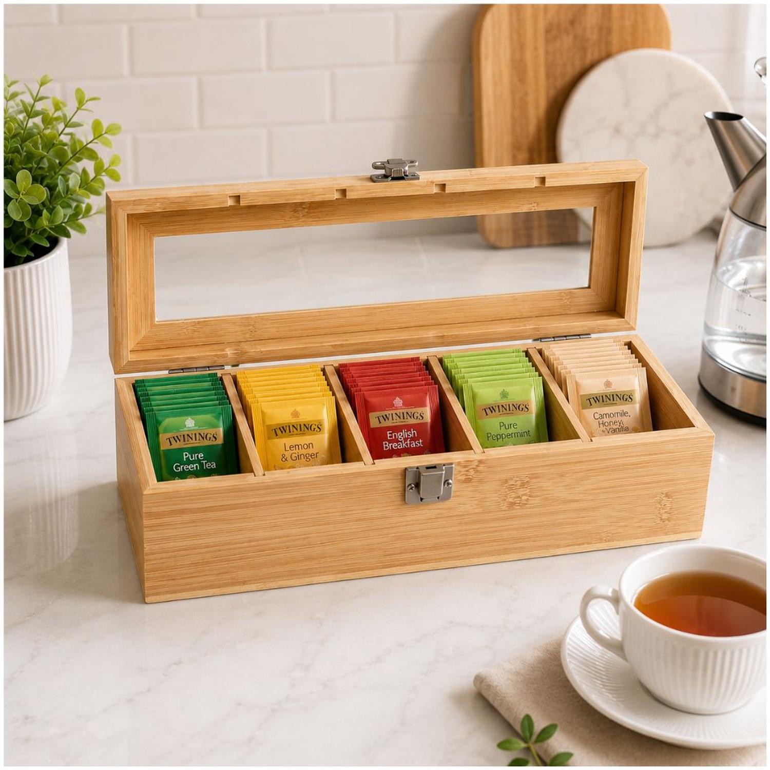 ORGANIZADOR PORRA INFUSIONES DE BAMBÚ CON TAPA DE VIDRIO 5 COMPARTIMIENTOS - 1