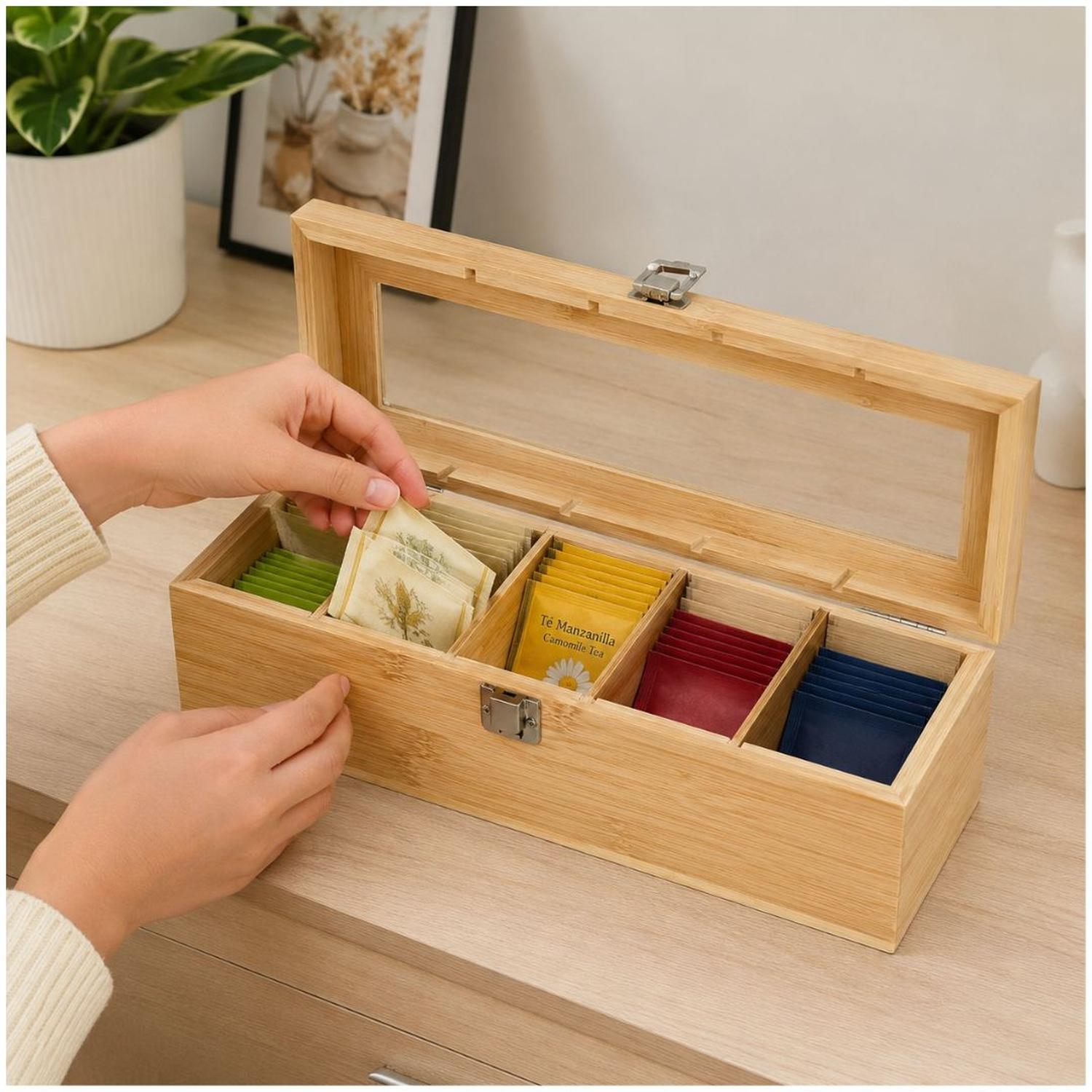 ORGANIZADOR PORRA INFUSIONES DE BAMBÚ CON TAPA DE VIDRIO 5 COMPARTIMIENTOS - 2
