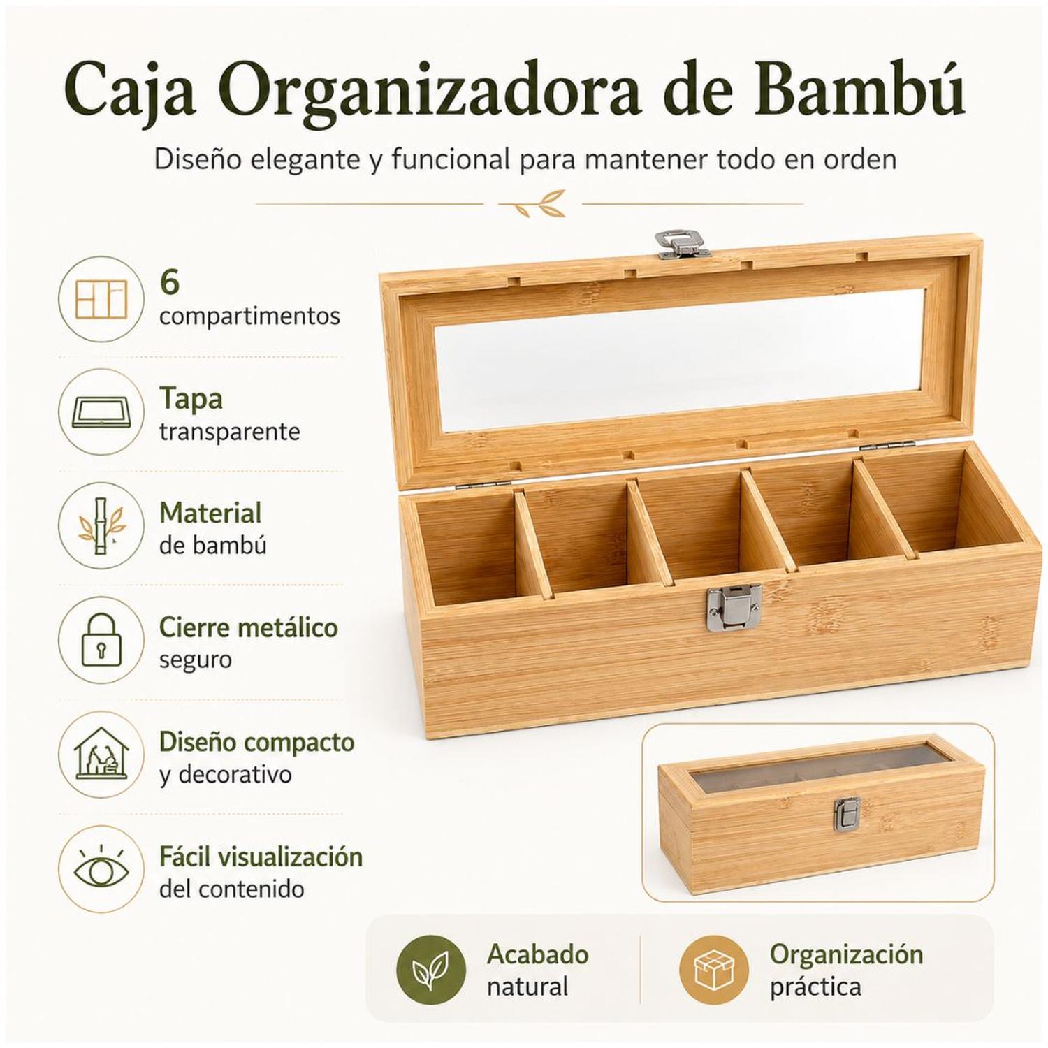 ORGANIZADOR PORRA INFUSIONES DE BAMBÚ CON TAPA DE VIDRIO 5 COMPARTIMIENTOS - 3