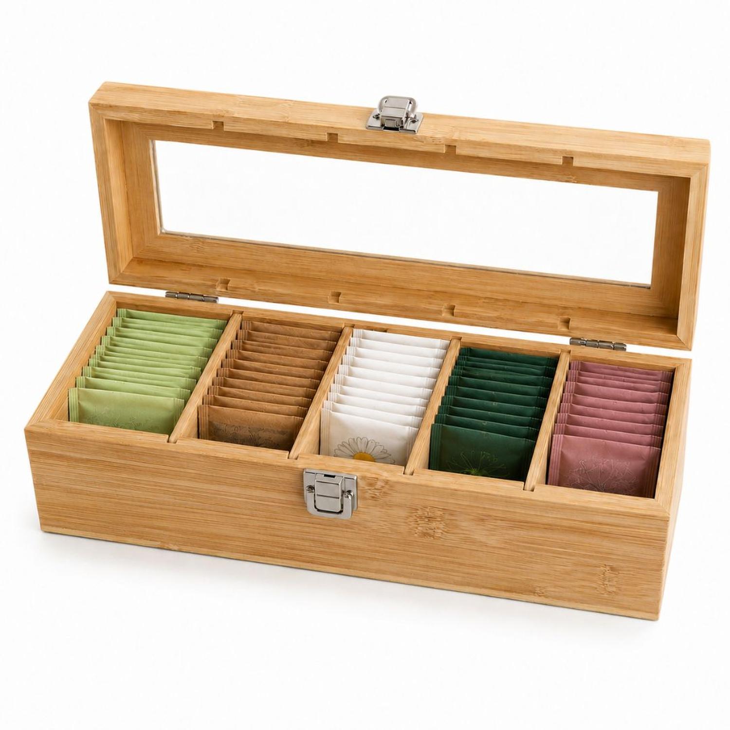 ORGANIZADOR PORRA INFUSIONES DE BAMBÚ CON TAPA DE VIDRIO 5 COMPARTIMIENTOS - 4
