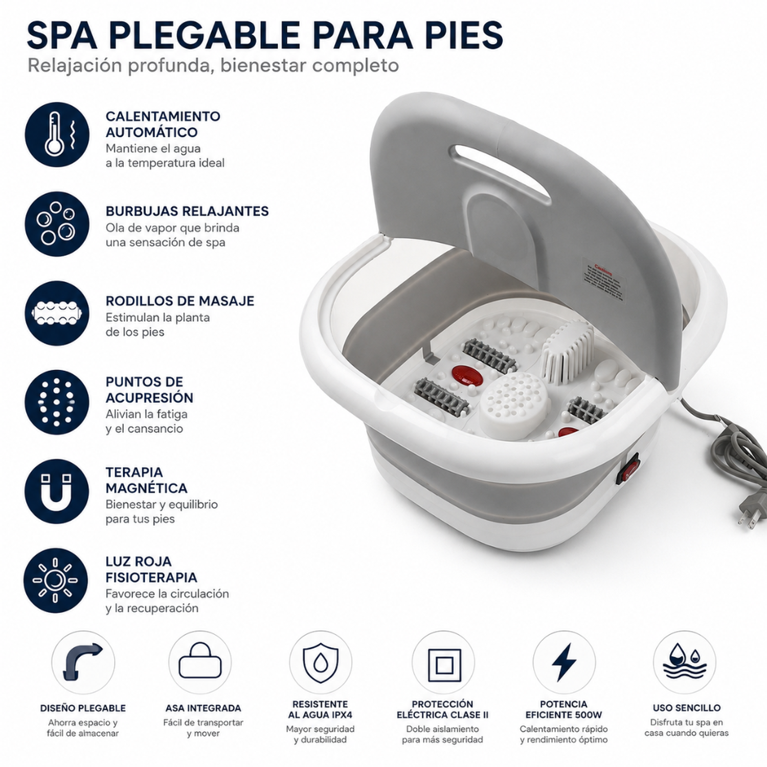 BAÑERA ELÉCTRICA PLEGABLE DE PIES CALEFACCIÓN 500W HIDROMASAJE Y RODILLOS MASAJEADOR - 4