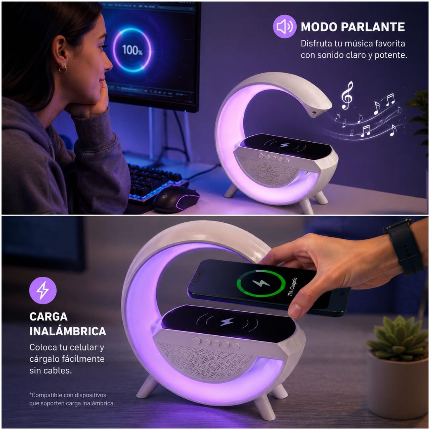 LÁMPARA LED RGB INTELIGENTE 3 EN 1 CARGADOR INALÁMBRICO PARLANTE BLUETOOTH BT2301 - 2