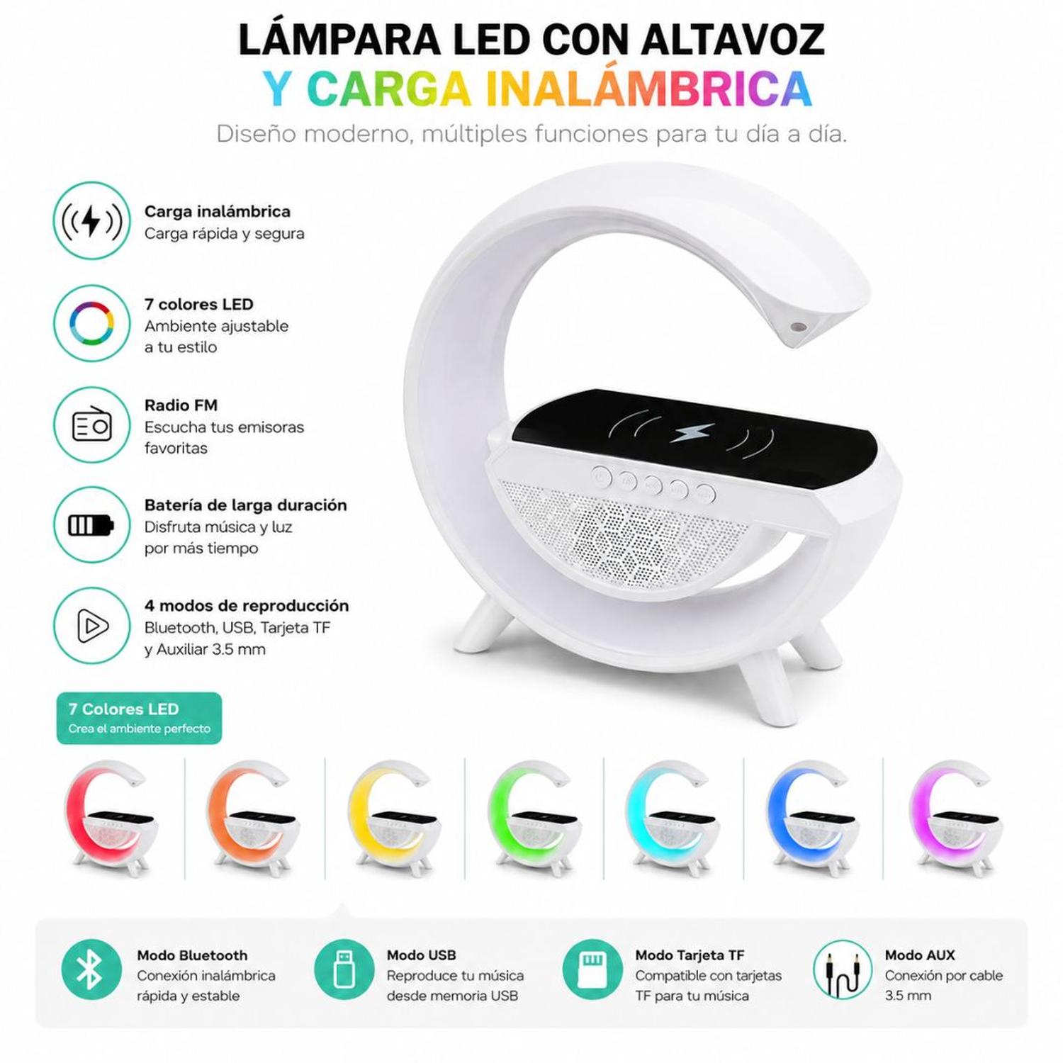 LÁMPARA LED RGB INTELIGENTE 3 EN 1 CARGADOR INALÁMBRICO PARLANTE BLUETOOTH BT2301 - 4