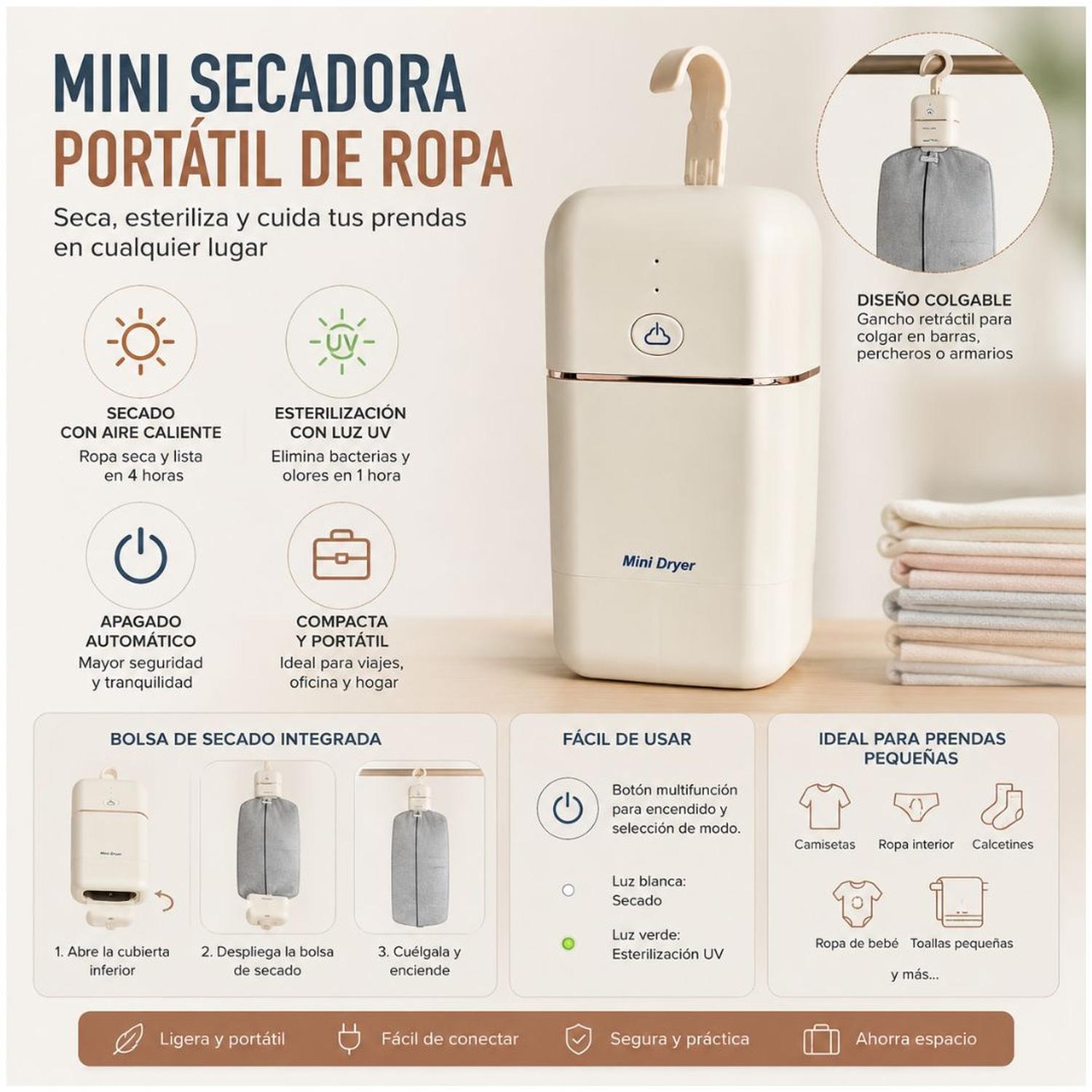 MINI SECADORA PORTÁTIL DE ROPA ELÉCTRICA CON LUZ UV PLEGABLE PARA VIAJES HOGAR - 2