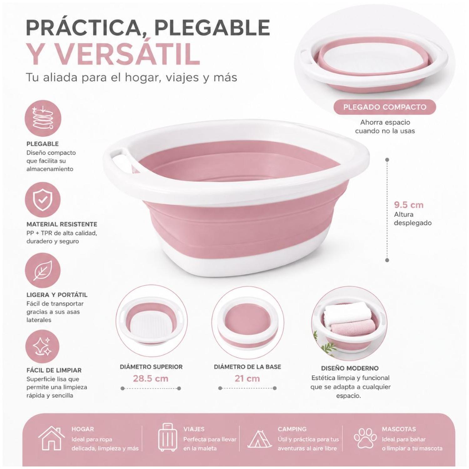 LAVADERO TINA PLEGABLE DE SILICONA MULTIFUNCIONAL PORTÁTIL CON ASAS ROSA TAMAÑO M - 2