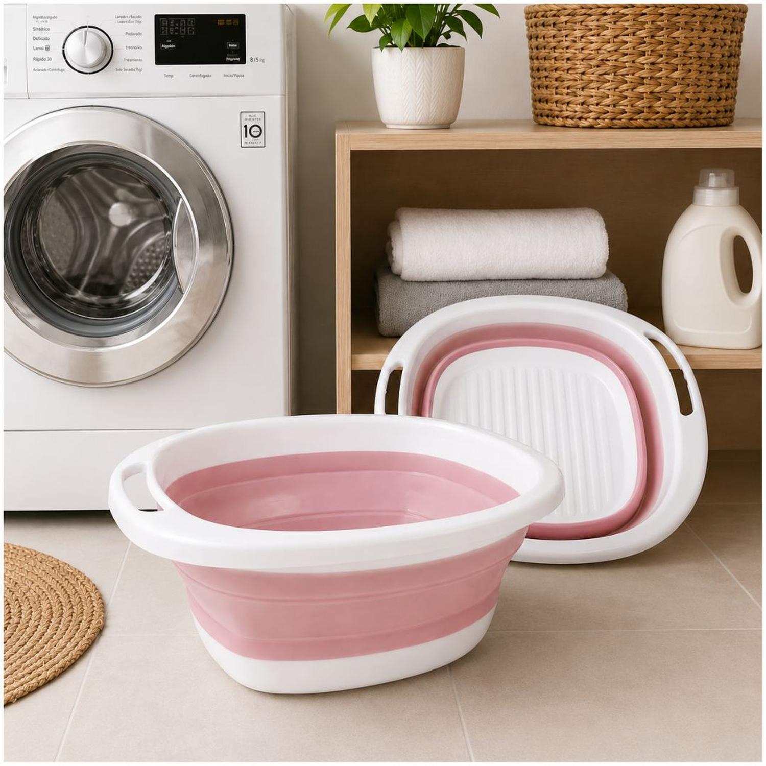 LAVADERO TINA PLEGABLE DE SILICONA MULTIFUNCIONAL PORTÁTIL CON ASAS ROSA TAMAÑO M - 3