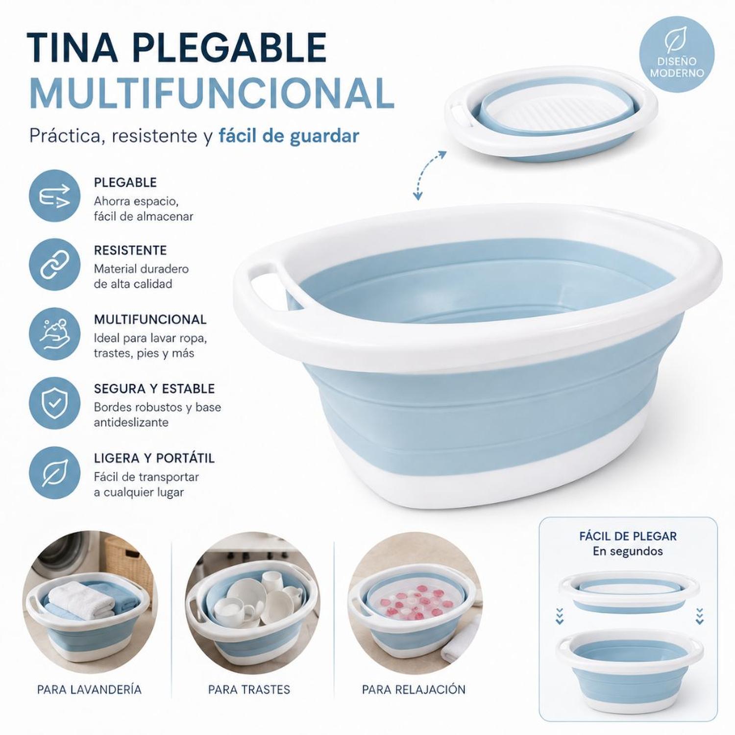 LAVADERO TINA PLEGABLE DE SILICONA MULTIFUNCIONAL PORTÁTIL CON ASAS CELESTE TAMAÑO M - 2