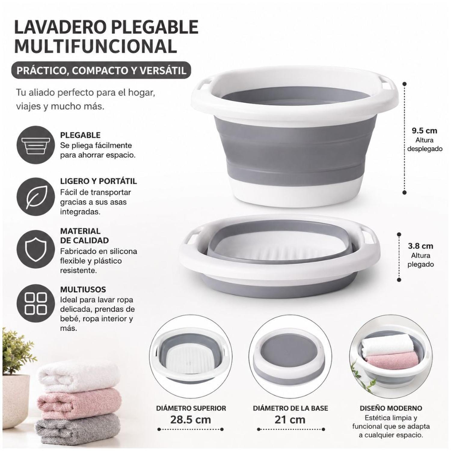 LAVADERO TINA PLEGABLE DE SILICONA MULTIFUNCIONAL PORTÁTIL CON ASAS GRIS OSCURO TAMAÑO M - 2