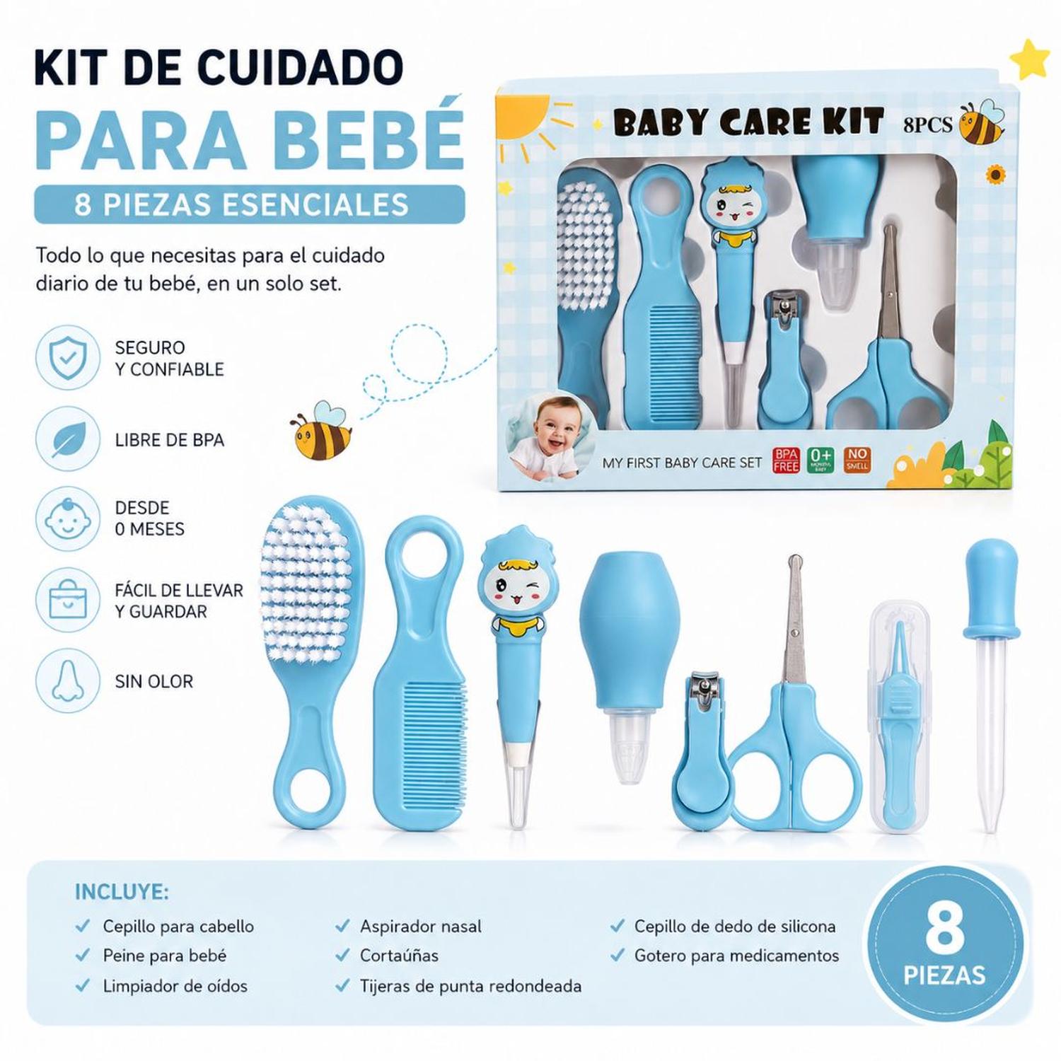 KIT DE CUIDADO HIGIENE CORTAÚÑAS PARA BEBÉ RECIÉN NACIDO 8 PIEZAS TAMAÑO M - 2