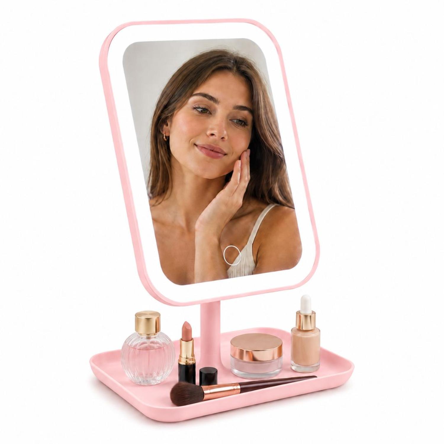 ESPEJO LED ROSADO RECARGABLE 3 TONOS DE ILUMINACIÓN CONTROL TÁCTIL ÁNGULO AJUSTABLE - 1