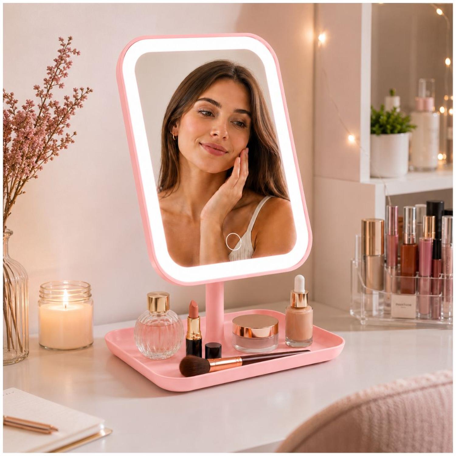 ESPEJO LED ROSADO RECARGABLE 3 TONOS DE ILUMINACIÓN CONTROL TÁCTIL ÁNGULO AJUSTABLE - 2
