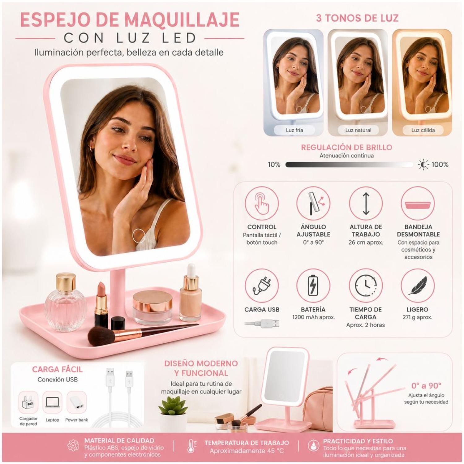 ESPEJO LED ROSADO RECARGABLE 3 TONOS DE ILUMINACIÓN CONTROL TÁCTIL ÁNGULO AJUSTABLE - 4
