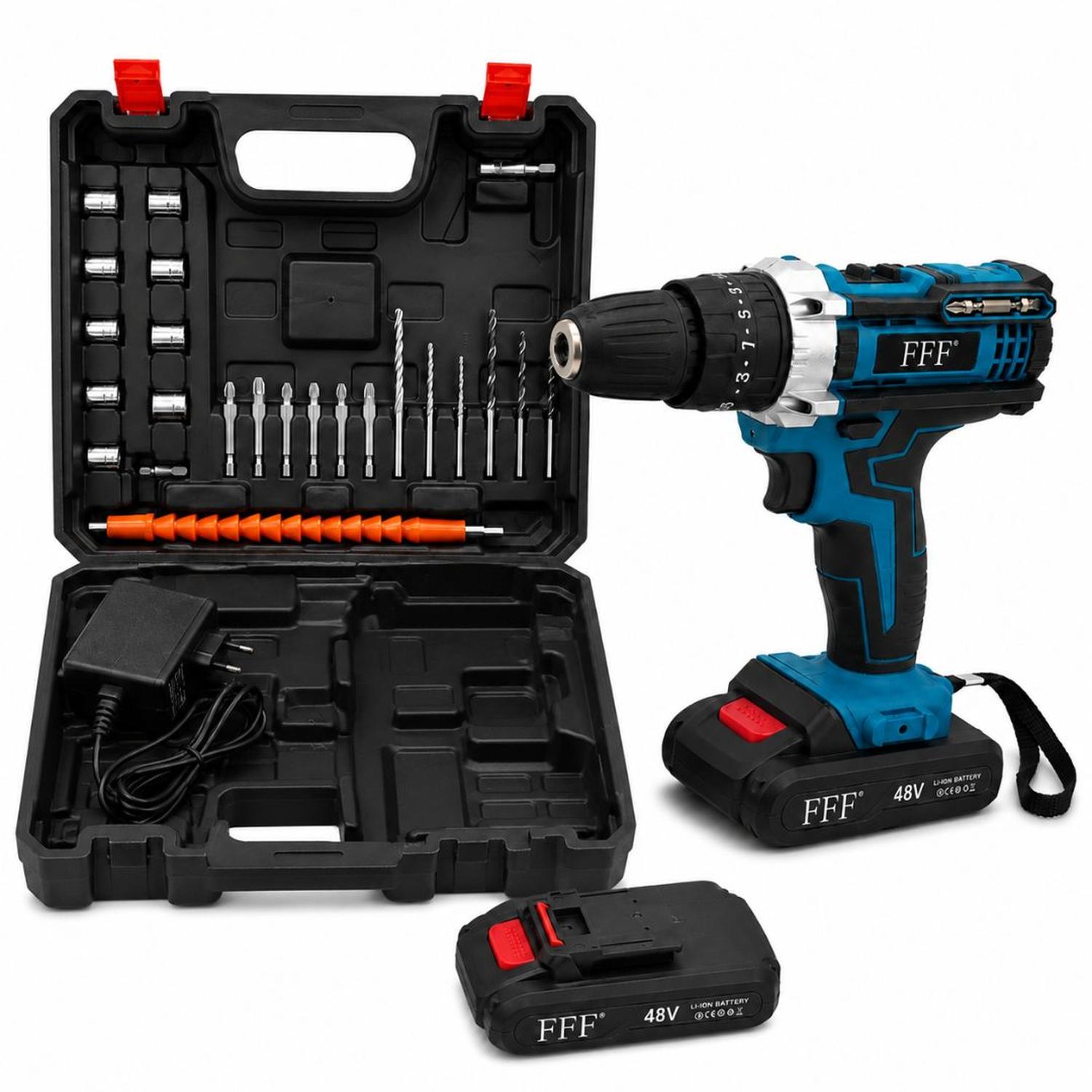 KIT TALADRO ELÉCTRICO AZUL INALÁMBRICO CON DOBLE BATERÍA CON MALETÍN Y ACCESORIOS - 1