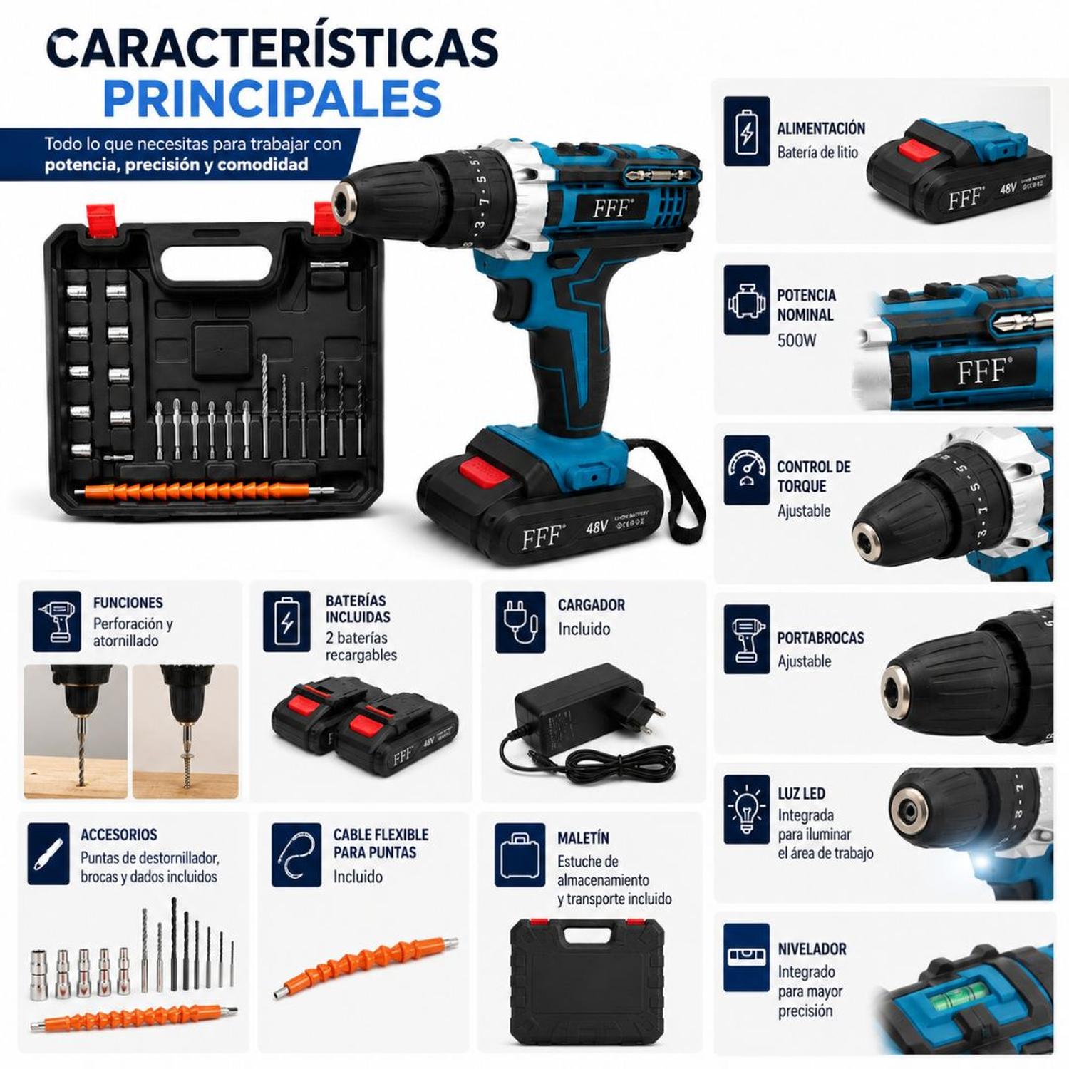 KIT TALADRO ELÉCTRICO AZUL INALÁMBRICO CON DOBLE BATERÍA CON MALETÍN Y ACCESORIOS - 2