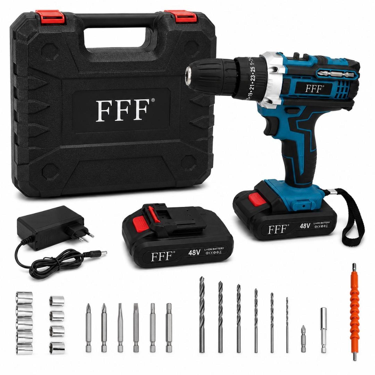 KIT TALADRO ELÉCTRICO AZUL INALÁMBRICO CON DOBLE BATERÍA CON MALETÍN Y ACCESORIOS - 3