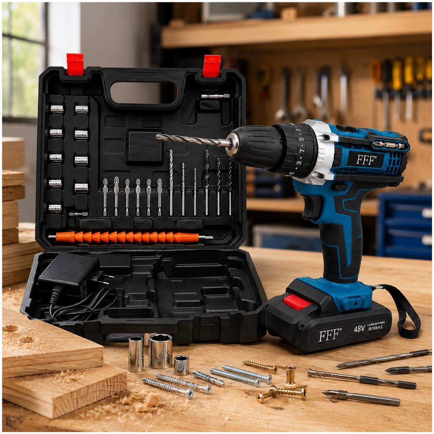 KIT TALADRO ELÉCTRICO AZUL INALÁMBRICO CON DOBLE BATERÍA CON MALETÍN Y ACCESORIOS - 4