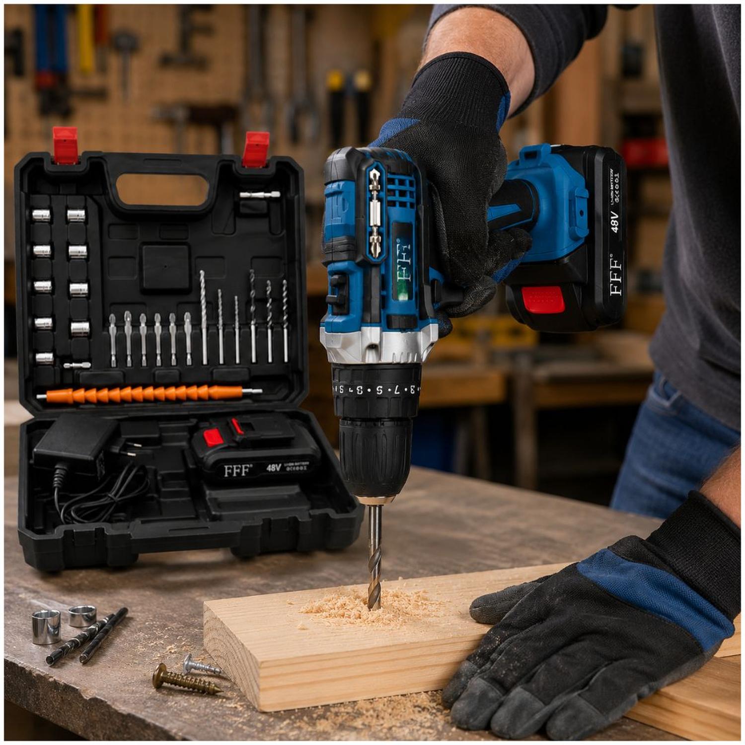 KIT TALADRO ELÉCTRICO AZUL INALÁMBRICO CON DOBLE BATERÍA CON MALETÍN Y ACCESORIOS - 5