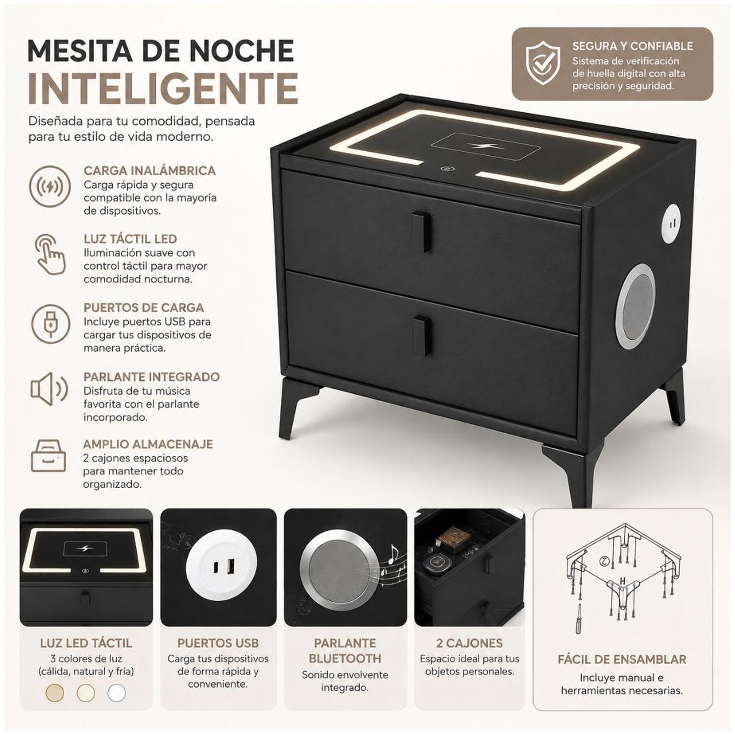 MESA DE NOCHE INTELIGENTE VELADOR SMART PARLANTE BLUETOOTH CARGADOR INALÁMBRICO - 2