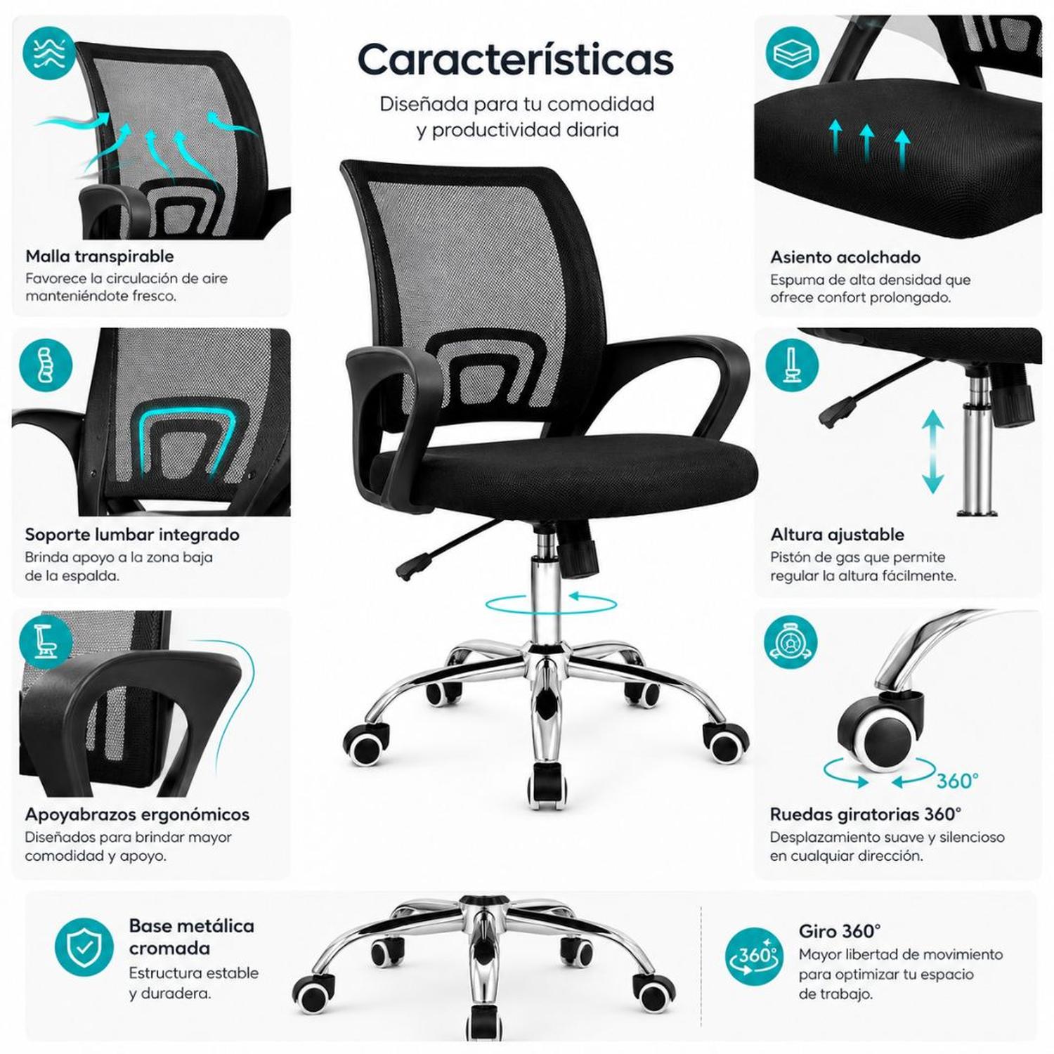 SILLA ERGONÓMICA DE OFICINA RESPALDAR DE MALLA TRANSPIRABLE ALTURA REGULABLE CON RUEDAS - 3