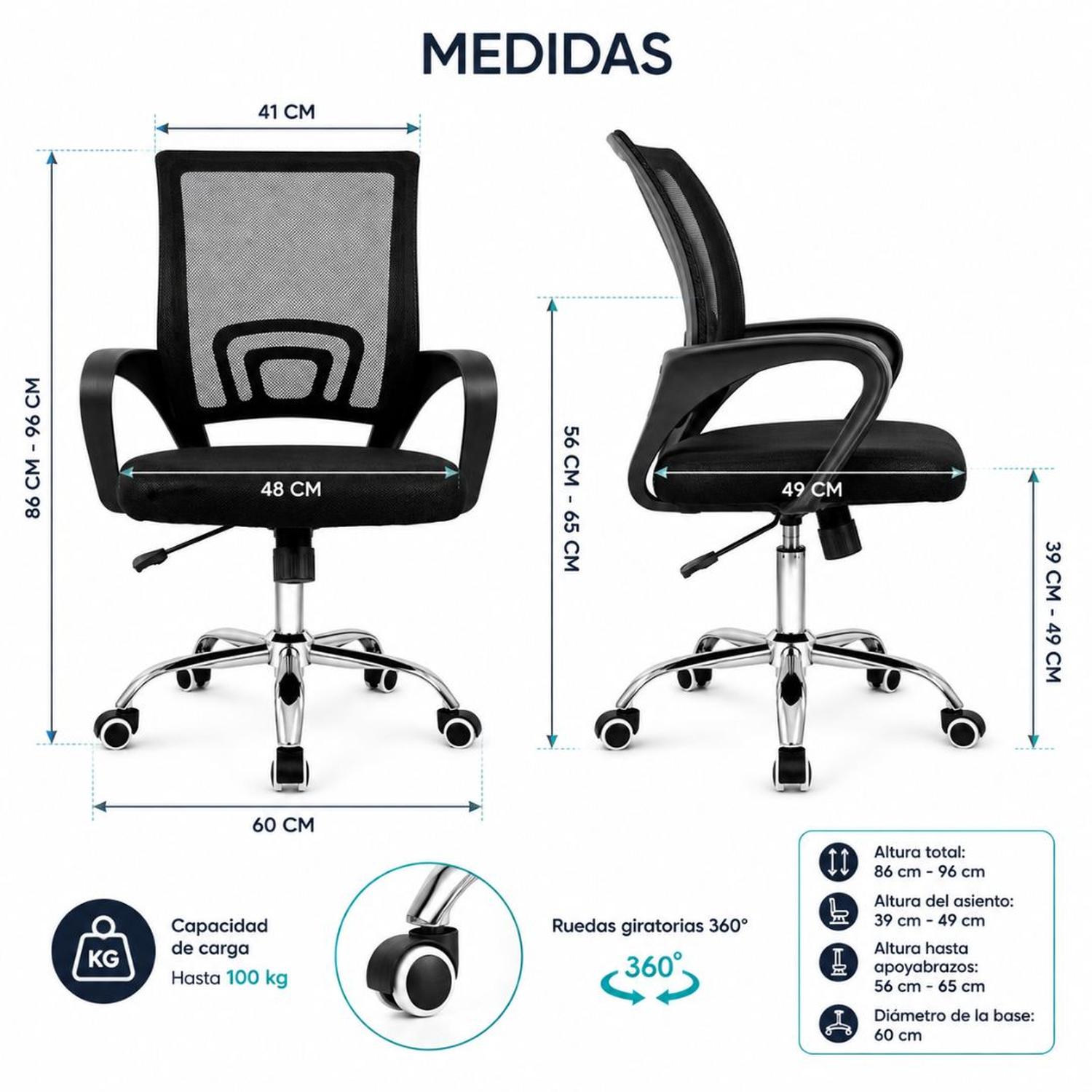 SILLA ERGONÓMICA DE OFICINA RESPALDAR DE MALLA TRANSPIRABLE ALTURA REGULABLE CON RUEDAS - 4
