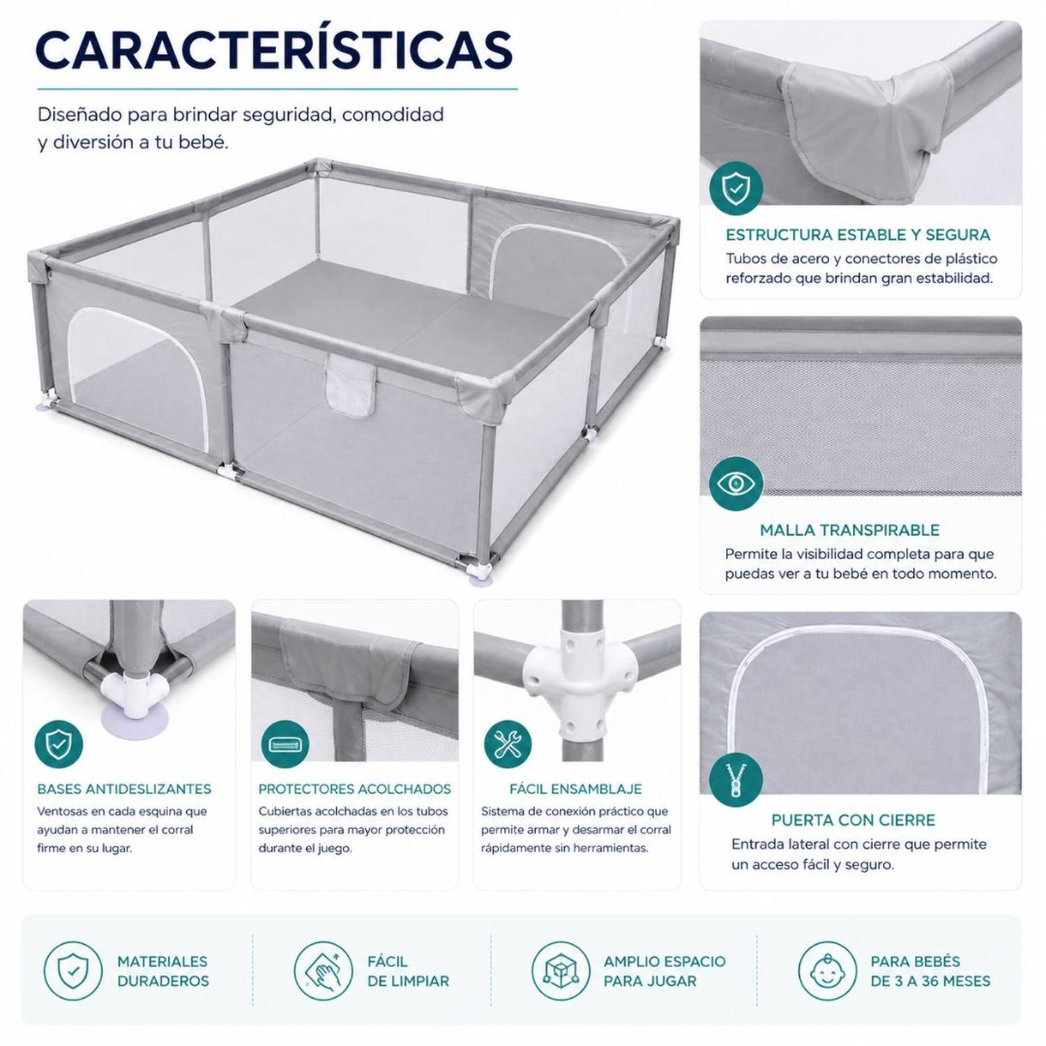 CORRAL DE JUEGOS PARA BEBÉ 200X200 CM CON MALLA DE SEGURIDAD 2 PUERTAS CON CIERRE - 4
