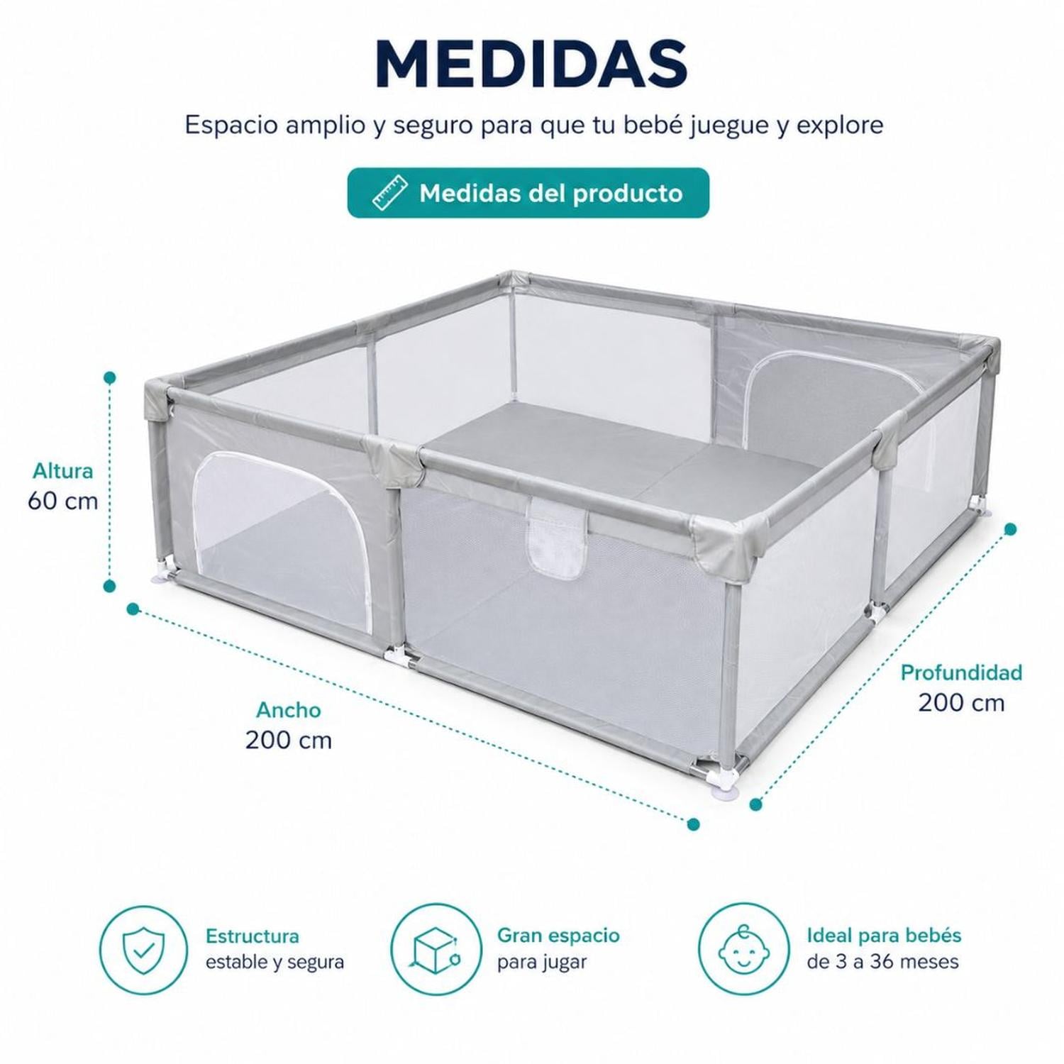 CORRAL DE JUEGOS PARA BEBÉ 200X200 CM CON MALLA DE SEGURIDAD 2 PUERTAS CON CIERRE - 5