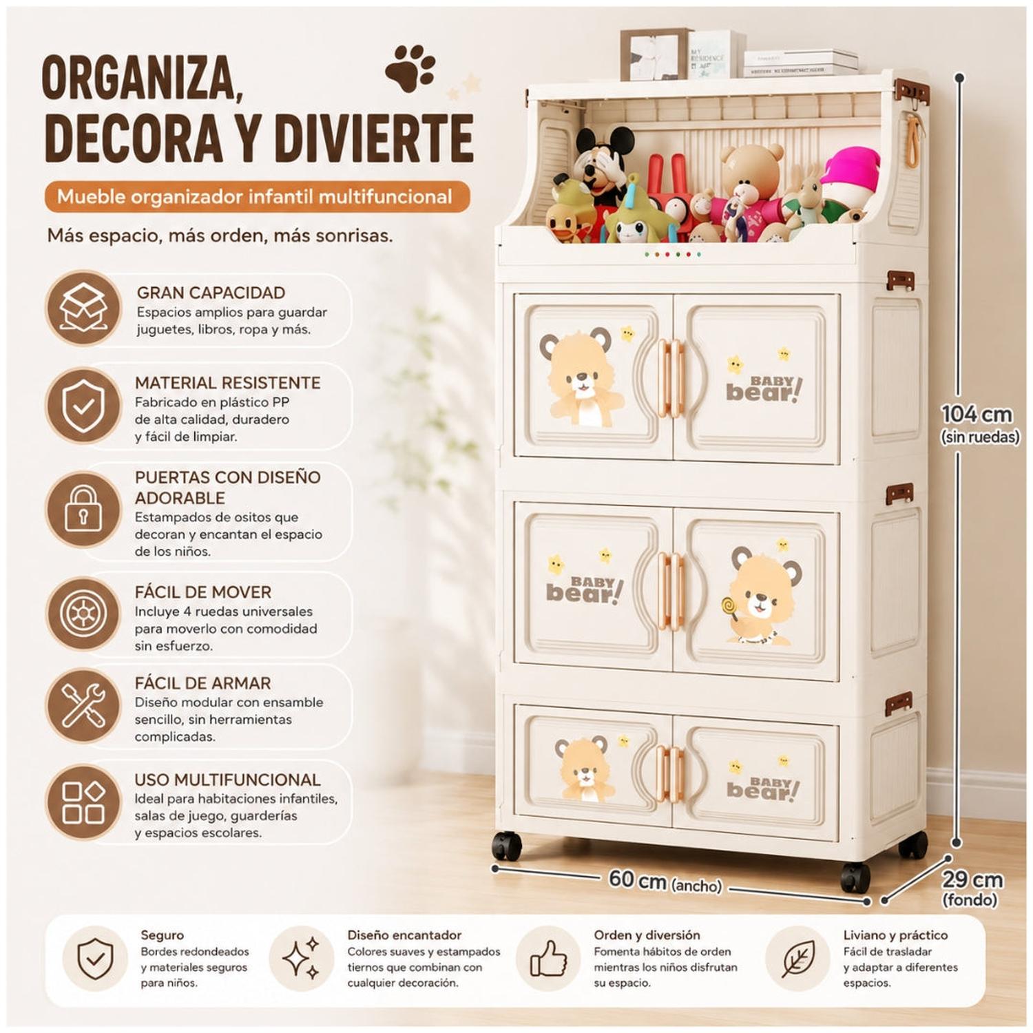 ARMARIO ORGANIZADOR DE JUGUETES INFANTIL MULTIFUNCIONAL PLEGABLE 104X60X29CM - 2