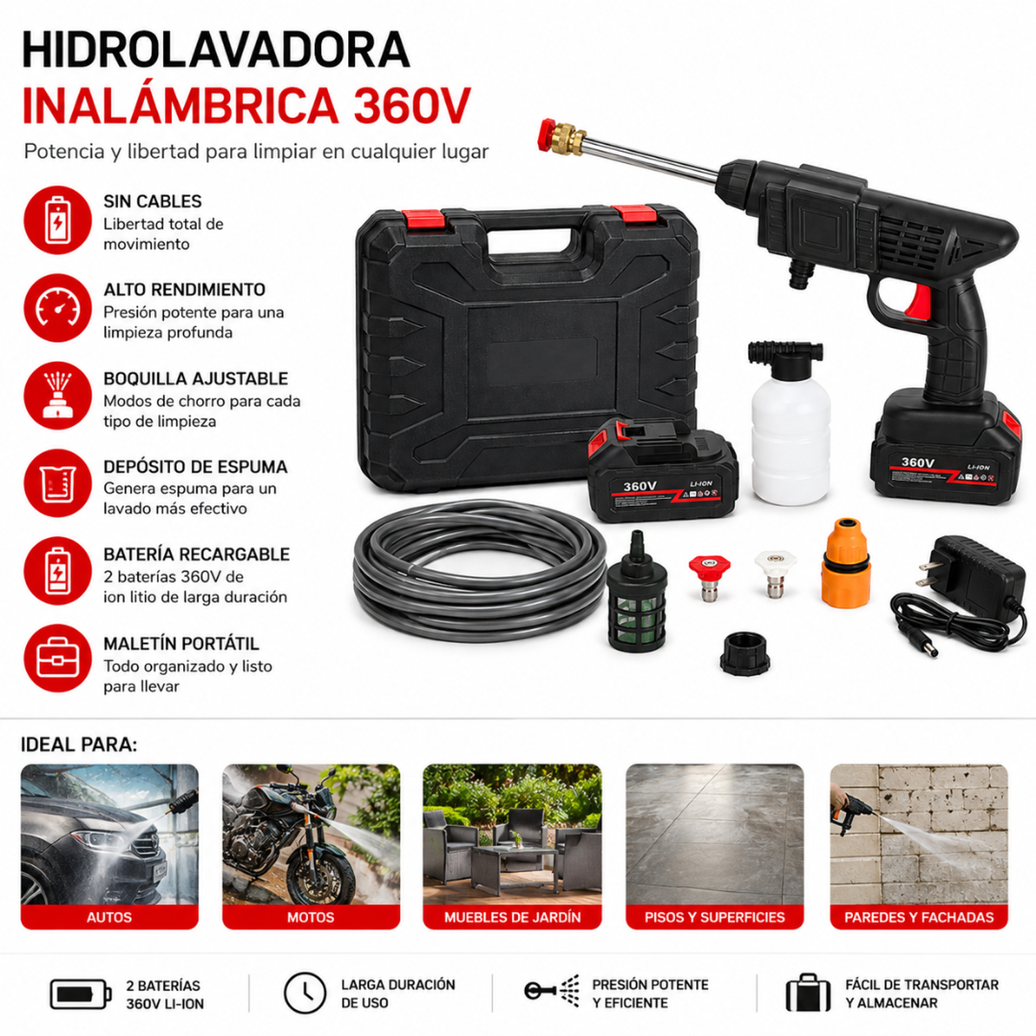 HIDROLAVADORA ALTA PRESIÓN INALÁMBRICA 360VF DOBLE BATERÍA RECARGABLE AUTO HIDROJET - 2