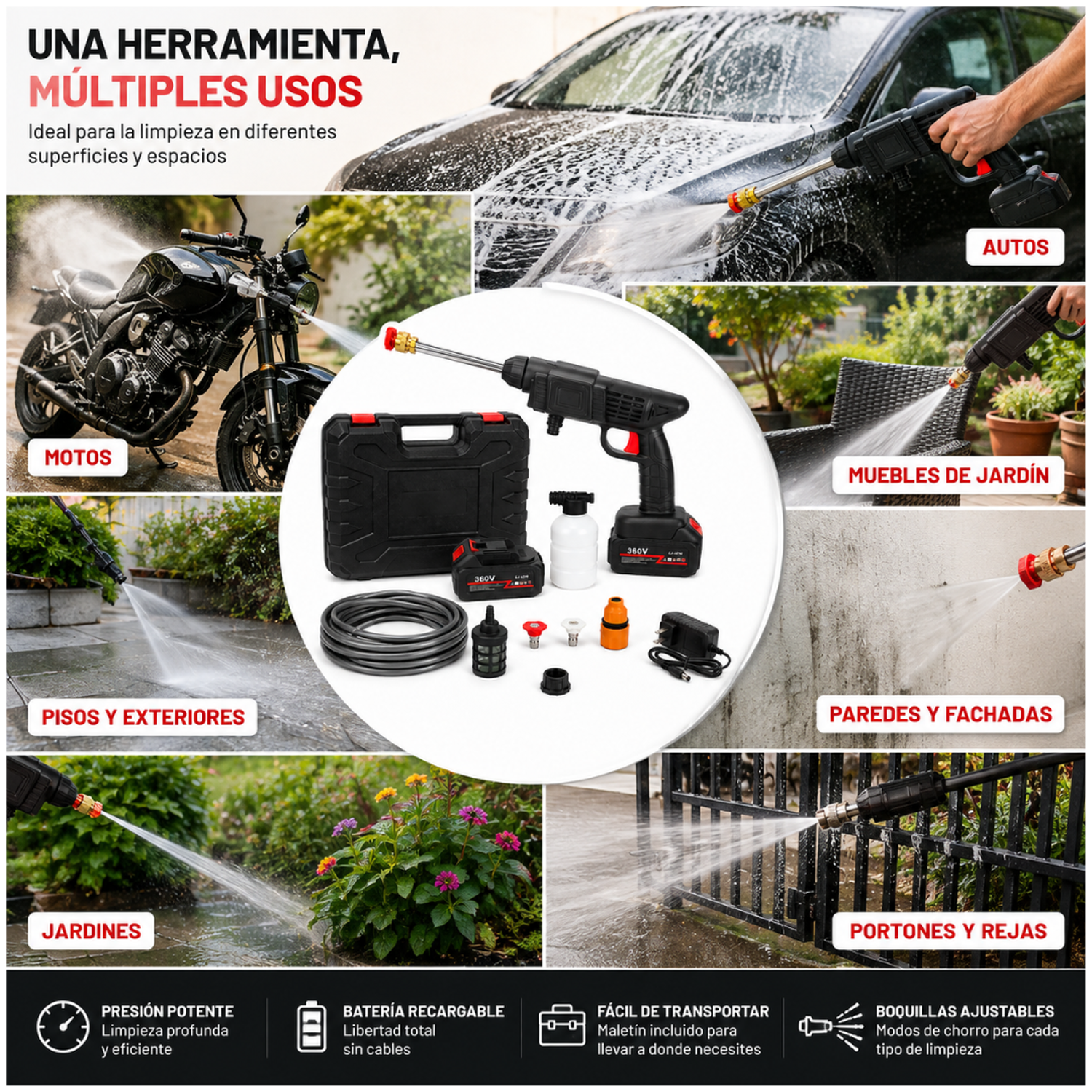 HIDROLAVADORA ALTA PRESIÓN INALÁMBRICA 360VF DOBLE BATERÍA RECARGABLE AUTO HIDROJET - 3