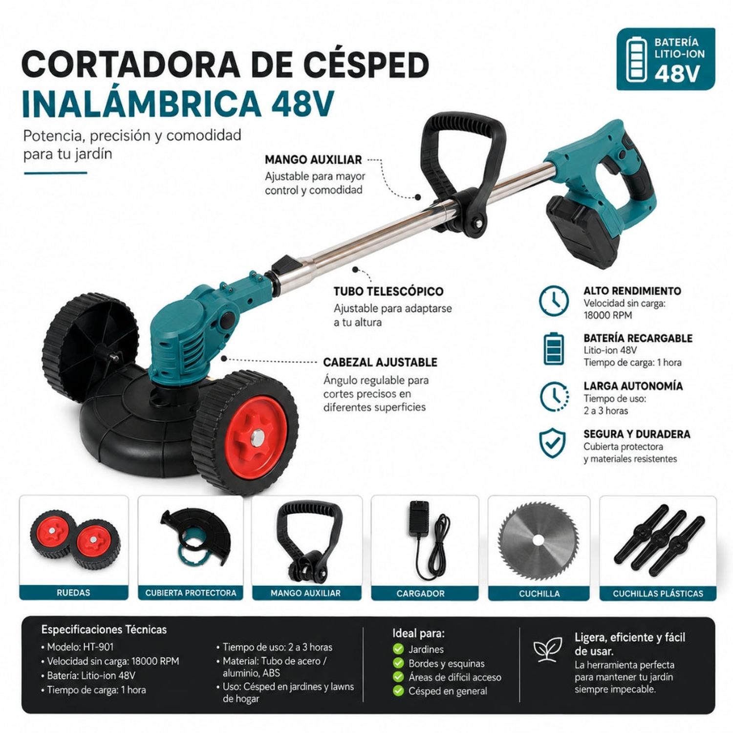 PODADORA DE CÉSPED INALÁMBRICA 48V RECARGABLE CORTADORA DE GRASS CON RUEDAS - 2