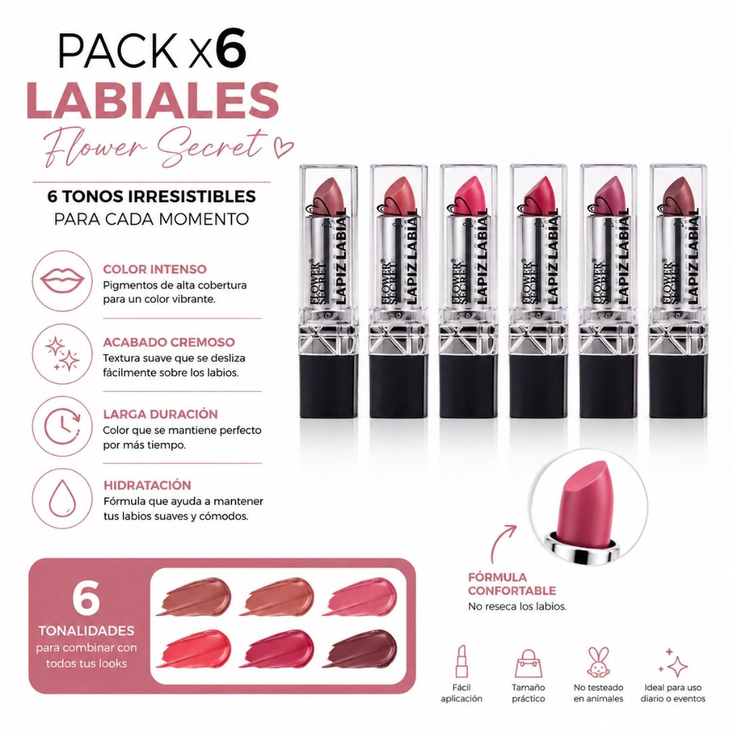 PACK X6 TONOS LABIAL EN BARRA FLOWER SECRET LARGA DURACIÓN - 5