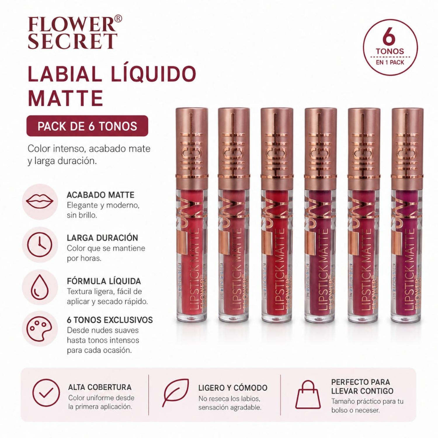 PACK X6 TONOS LABIALES LÍQUIDOS MATE FLOWER SECRET DE LARGA DURACIÓN - 2