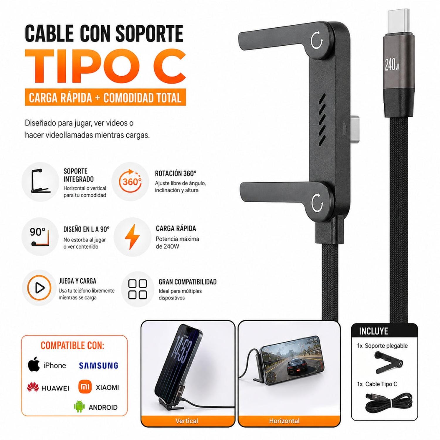 CABLE CARGA RÁPIDA TIPO C 240W CON SOPORTE PLEGABLE Y AJUSTABLE PARA CELULAR - 2