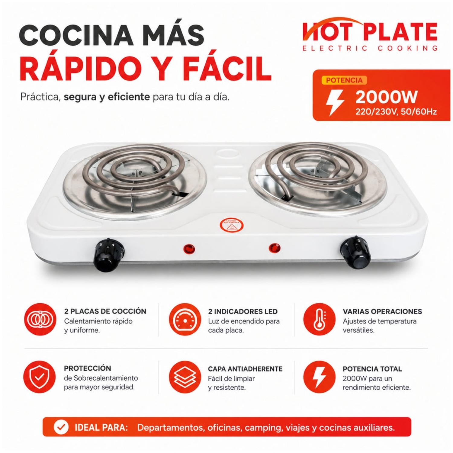 COCINA ELÉCTRICA 2 HORNILLAS 2000W H-003L CON CONTROL DE TEMPERATURA - 5