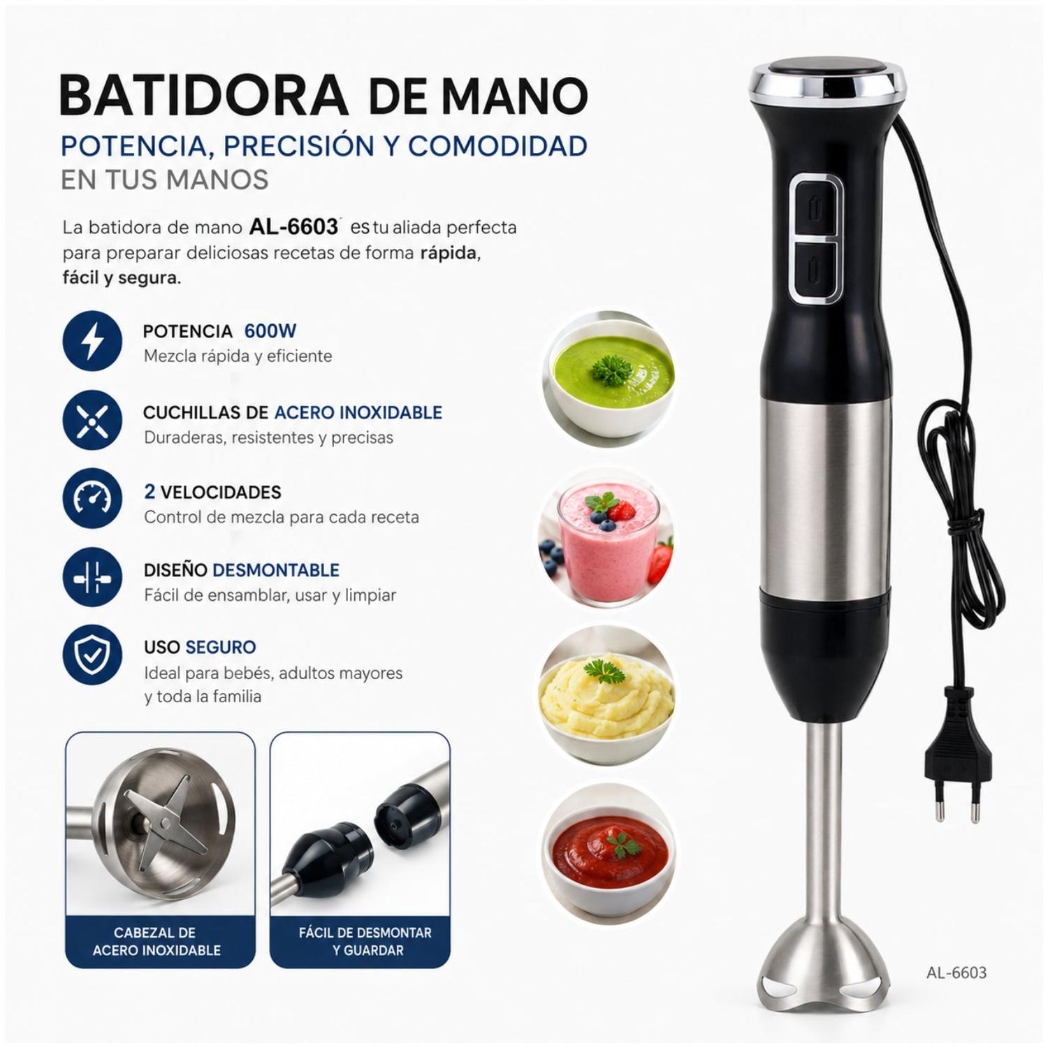 LICUADORA DE MANO DE INMERSIÓN 600W BATIDORA AL-6603 CUCHILLAS DE ACERO INOX - 4