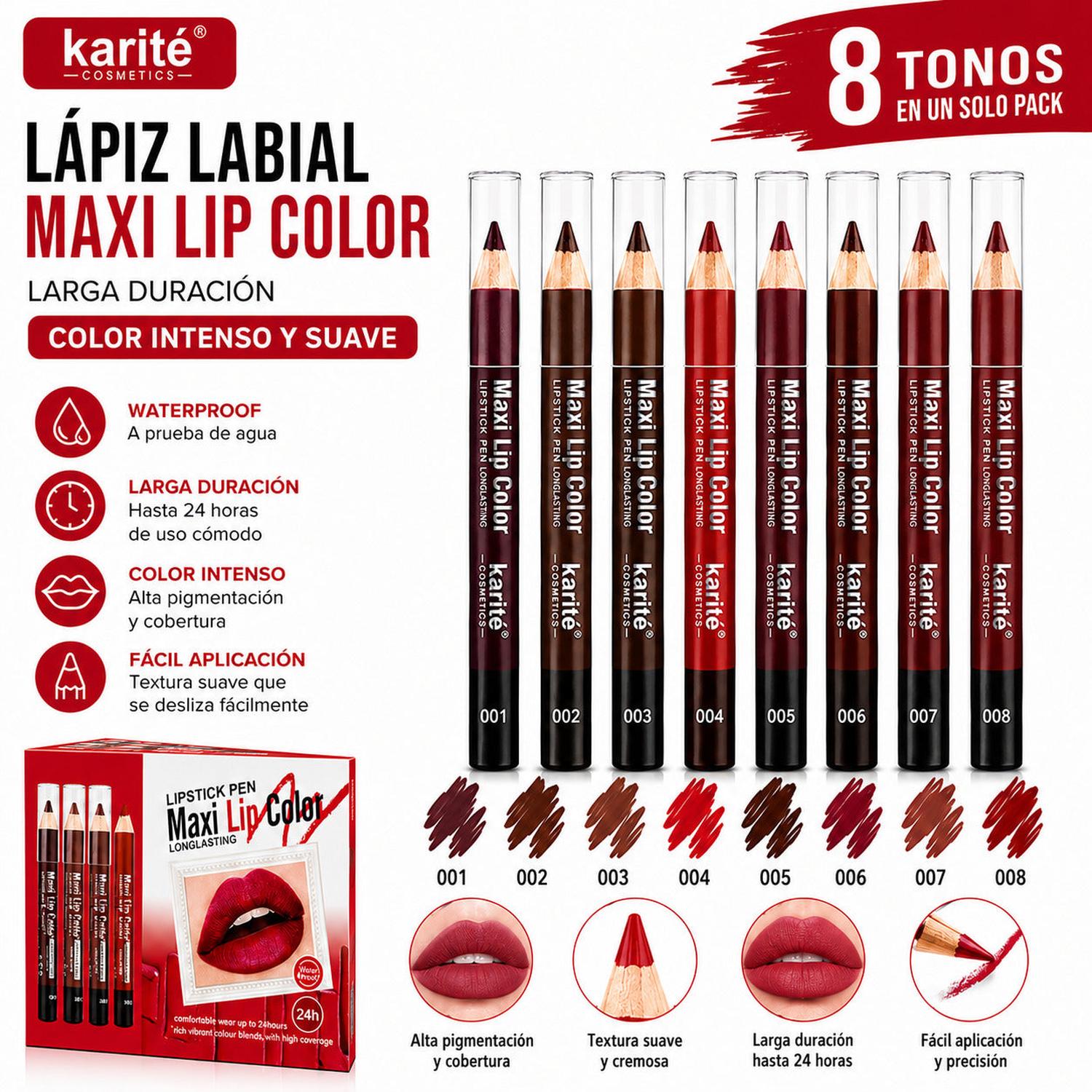 PACK X8 TONOS LÁPIZ LABIAL MAXI LIP COLOR KARITÉ COSMETICS LARGA DURACIÓN 24HR - 2