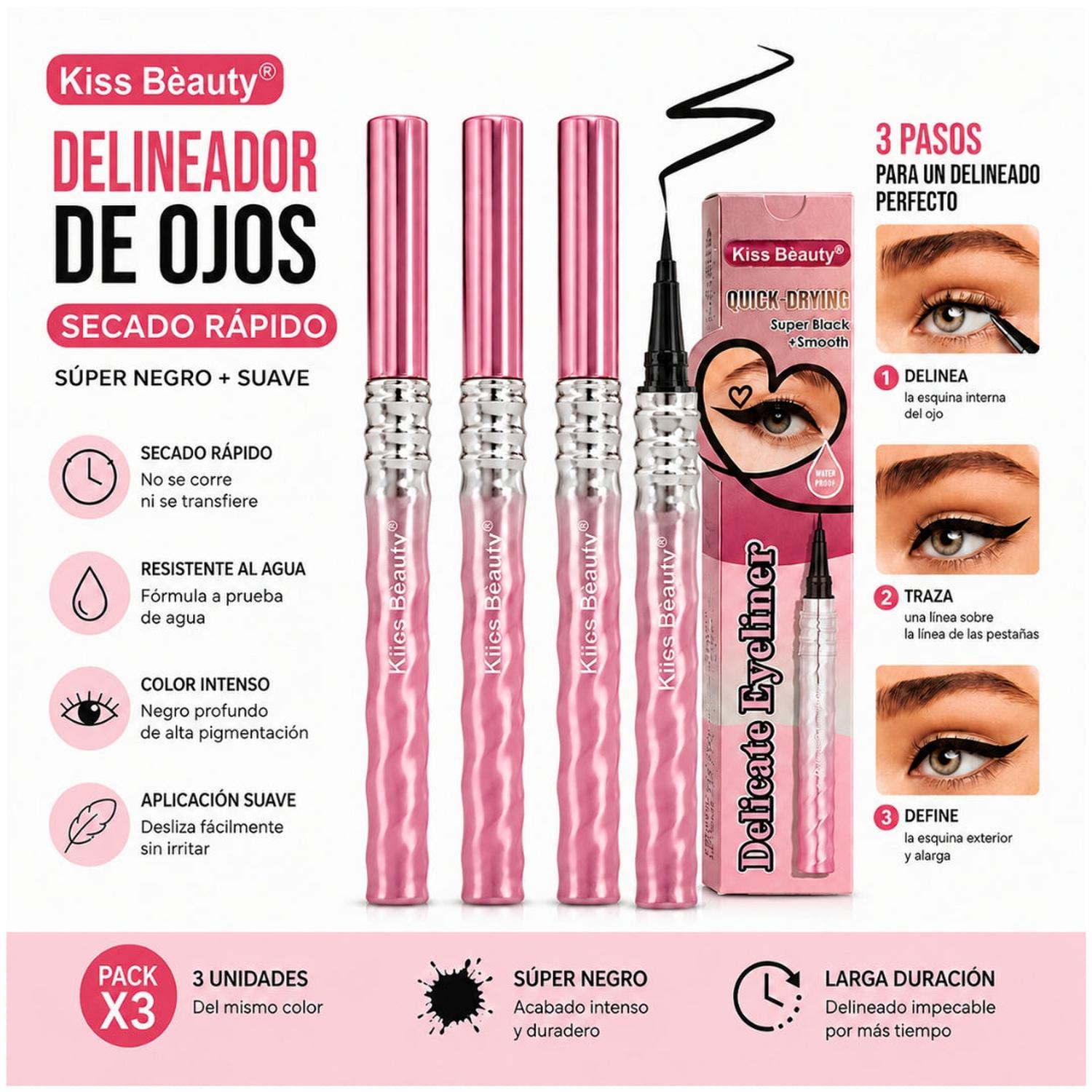 PACK X3 DELINEADOR LÍQUIDO KISS BEAUTY SUPER NEGRO PUNTA FINA SECADO RÁPIDO - 2