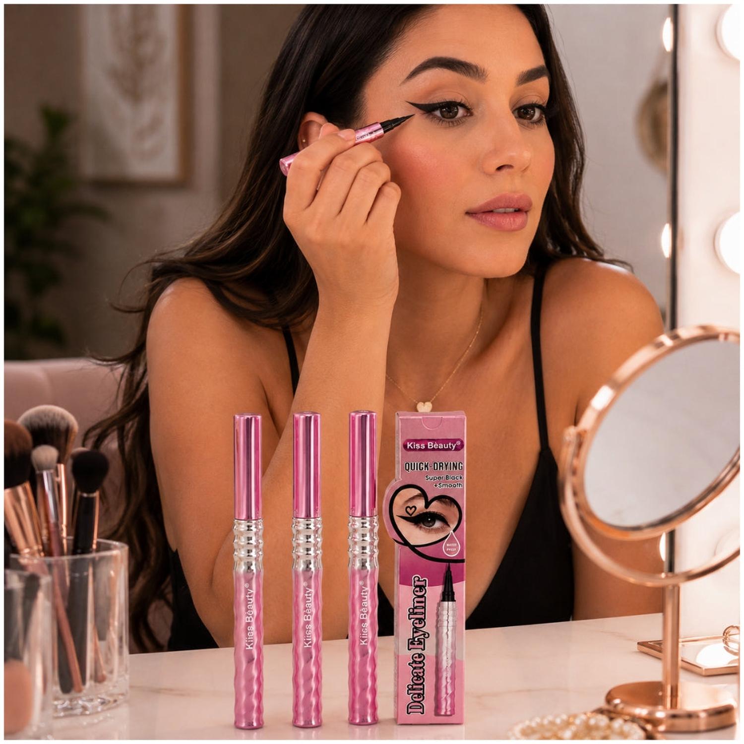 PACK X3 DELINEADOR LÍQUIDO KISS BEAUTY SUPER NEGRO PUNTA FINA SECADO RÁPIDO - 3