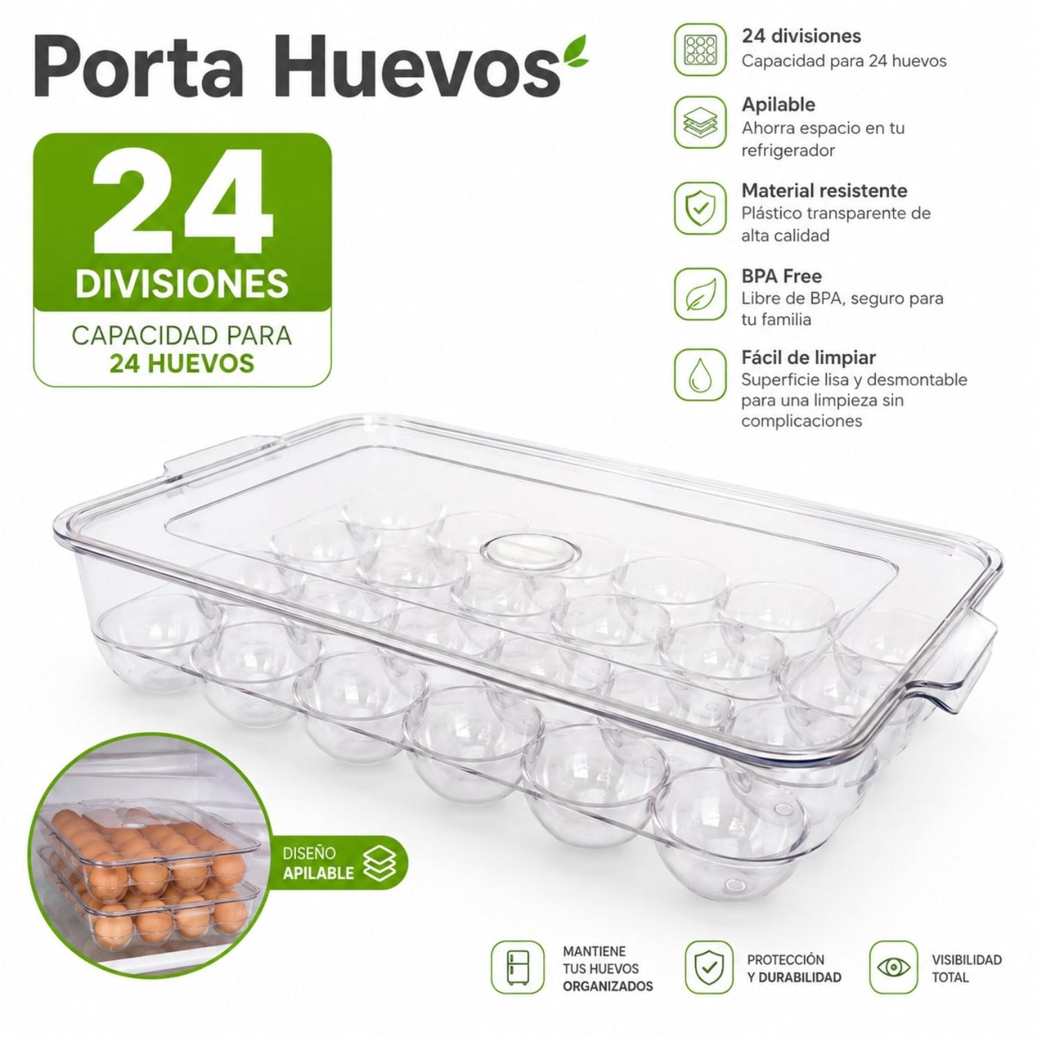 ORGANIZADOR PORTA HUEVOS X24 ACRÍLICO CON TAPA APILABLE PARA REFRIGERADOR - 2
