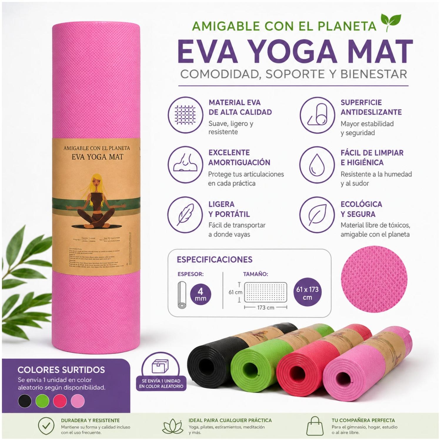 TAPETE COLCHONETA DE YOGA PILATES Y EJERCICIO ANTIDESLIZANTE 173X61CM COLOR ALEATORIO - 5