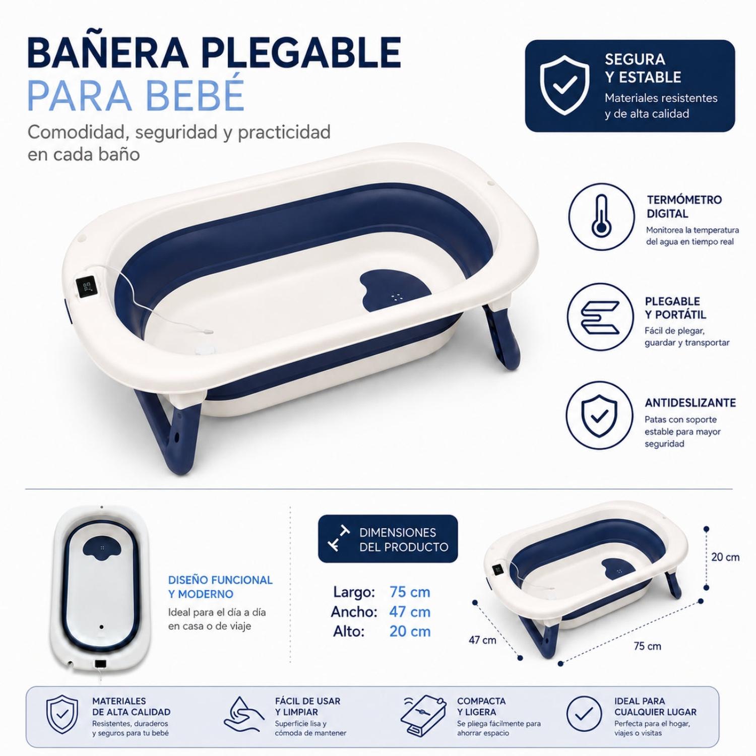 BAÑERA INFANTIL PLEGABLE AZUL CON TERMÓMETRO DIGITAL PATAS ANTIDESLIZANTES - 3