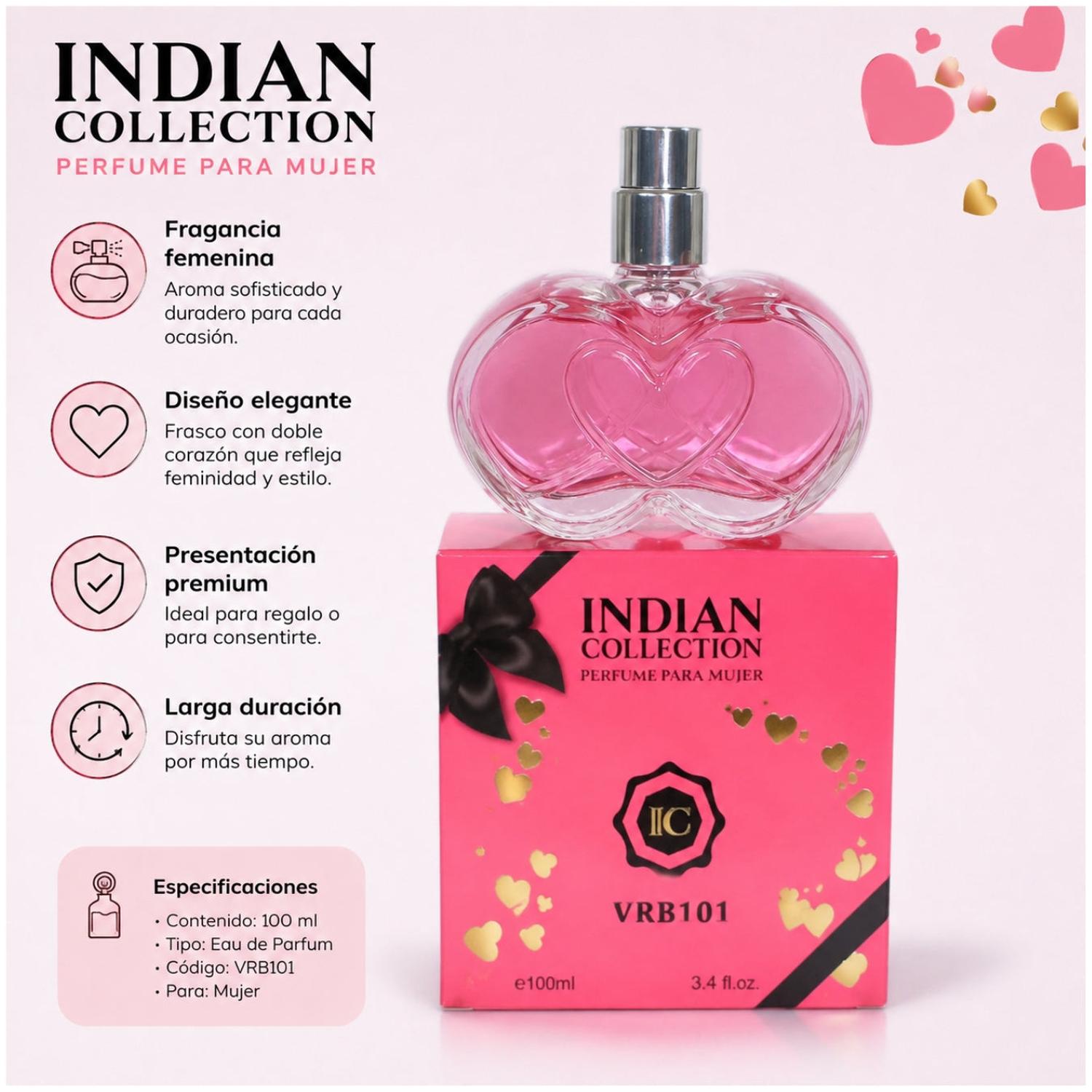 PERFUME PARA MUJER 100ML INDIAN COLLECTION VRB101 CON FRASCO DE CORAZONES - 3