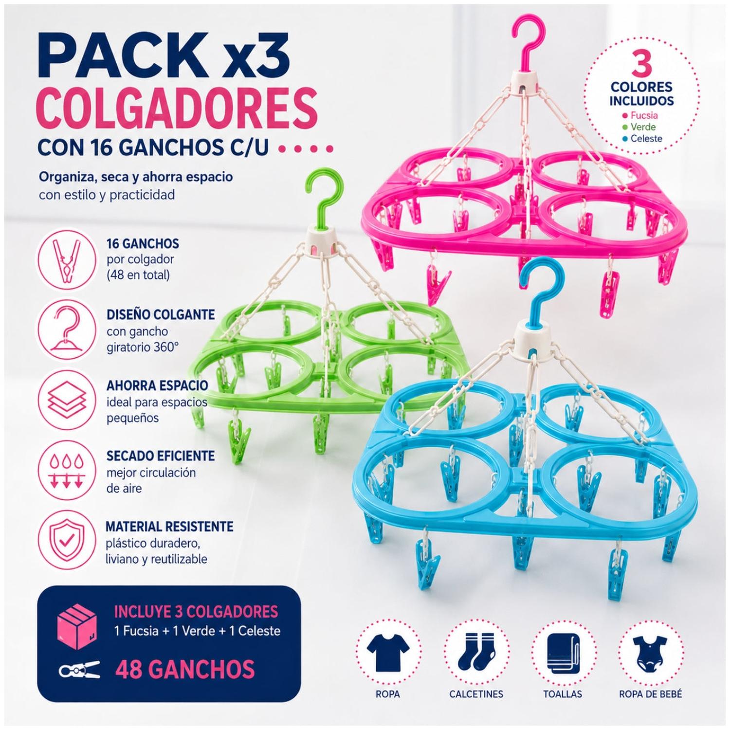 PACK X3 COLGADOR PERCHERO PLEGABLE PARA MEDIAS Y ROPA INTERIOR CON 48 GANCHOS - 2