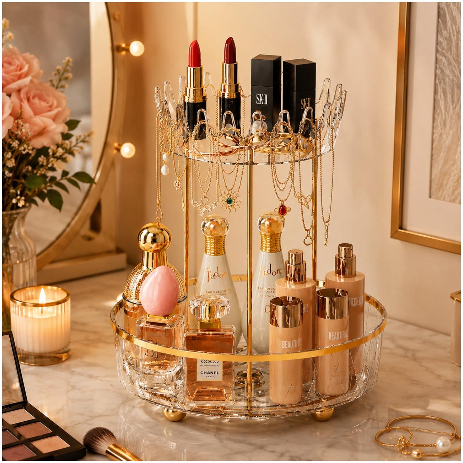 ORGANIZADOR GIRATORIO 360° MAQUILLAJE COSMÉTICOS Y JOYAS DE ACRÍLICO DISEÑO CORONA - 1