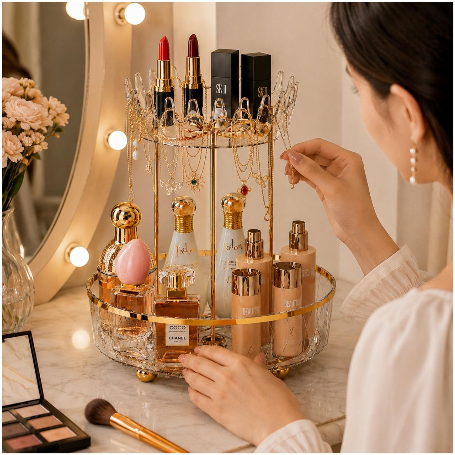 ORGANIZADOR GIRATORIO 360° MAQUILLAJE COSMÉTICOS Y JOYAS DE ACRÍLICO DISEÑO CORONA - 2