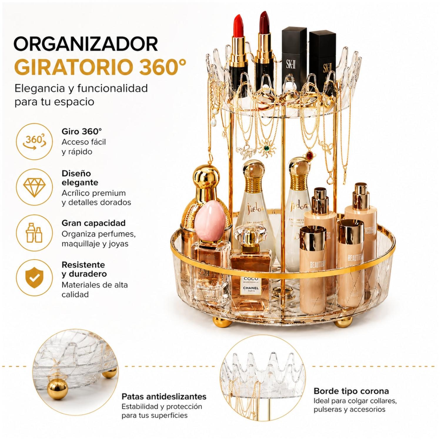 ORGANIZADOR GIRATORIO 360° MAQUILLAJE COSMÉTICOS Y JOYAS DE ACRÍLICO DISEÑO CORONA - 3