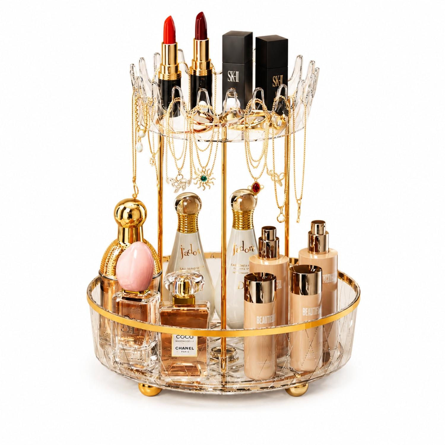 ORGANIZADOR GIRATORIO 360° MAQUILLAJE COSMÉTICOS Y JOYAS DE ACRÍLICO DISEÑO CORONA - 4
