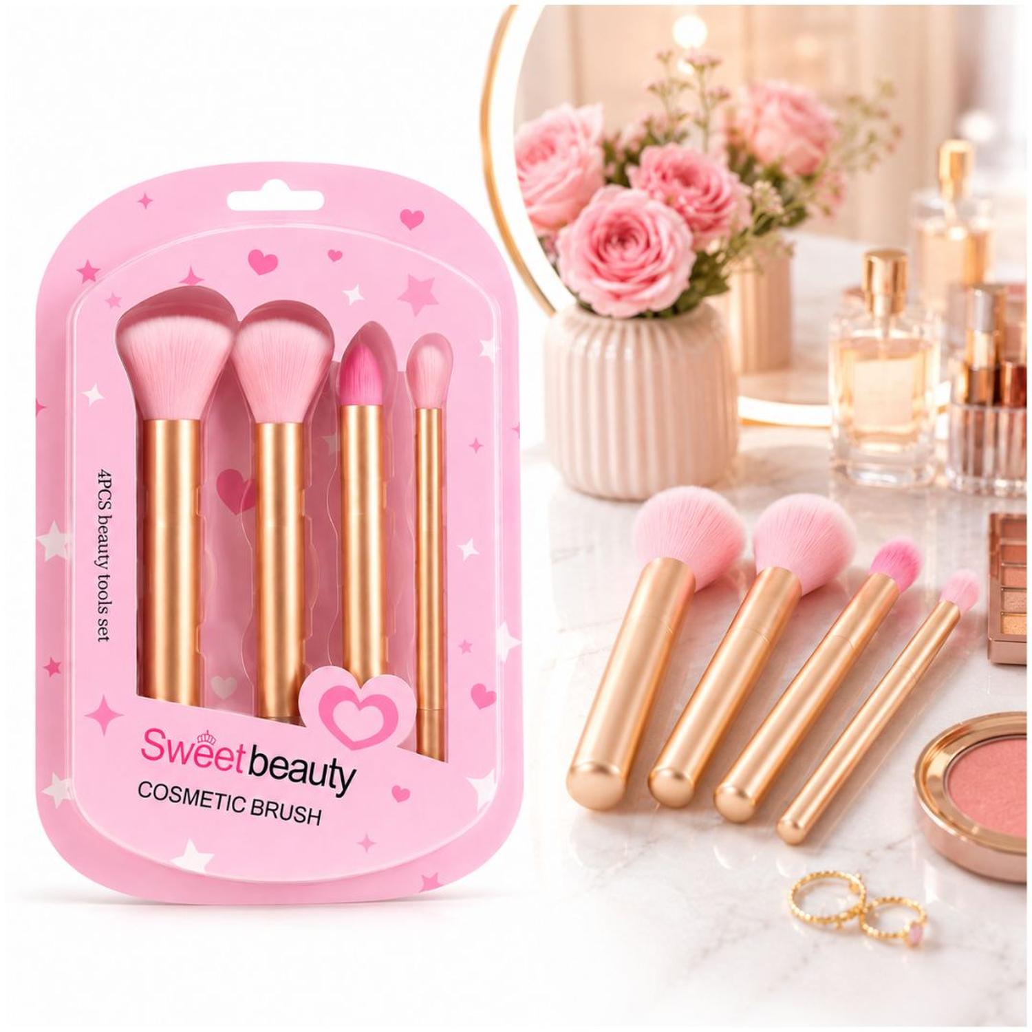 SET DE 4 BROCHAS DE MAQUILLAJE COSMÉTICAS SWEET BEAUTY PARA ROSTRO Y OJOS CERDAS SUAVES TAMAÑO M - 1